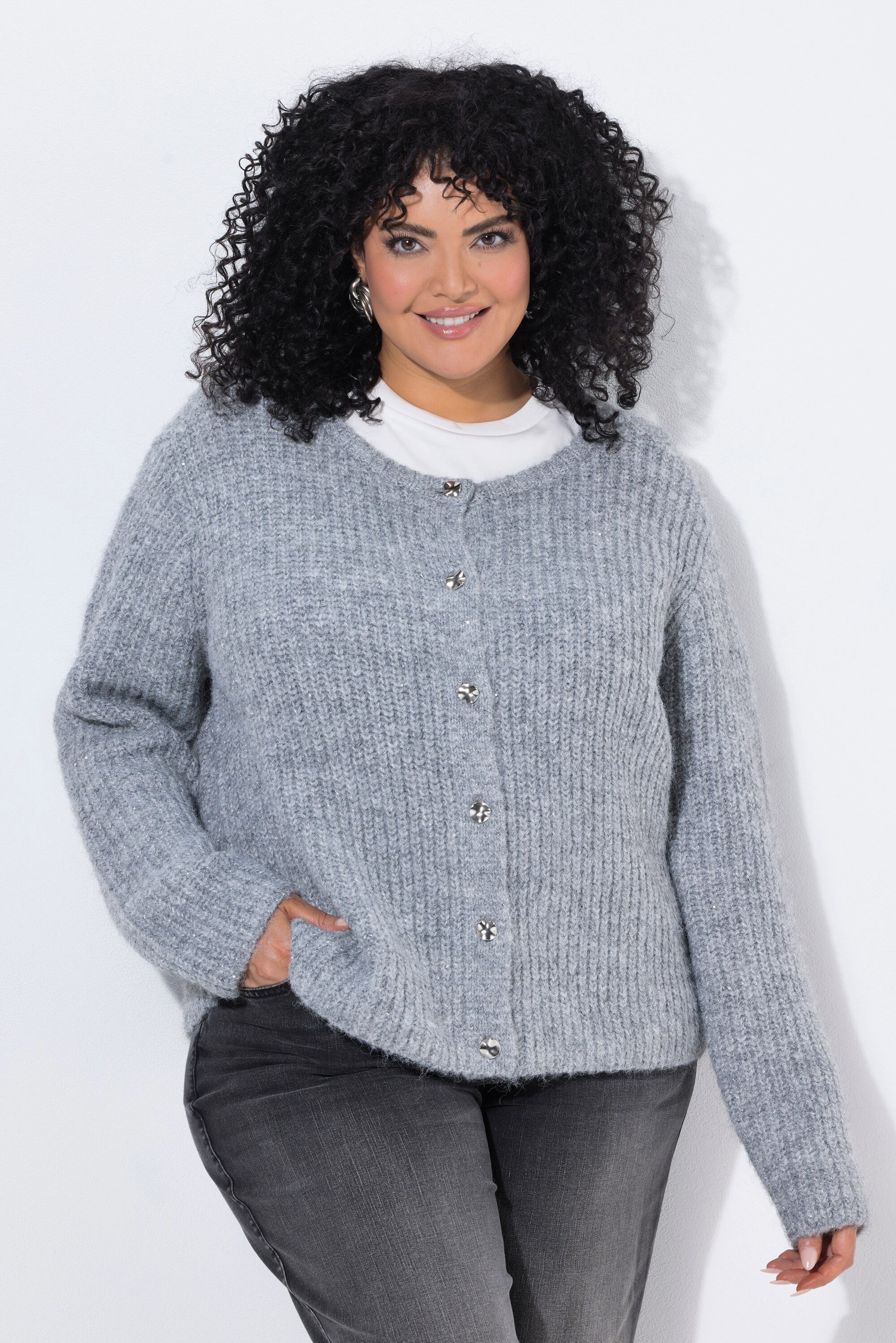 Ulla Popken Strickjacke Strickjacke Pailletten Rundhals Langarm