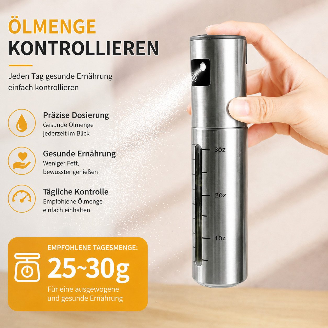 ibettertec Ölspender Edelstahl Ölspender 2er Set 100ml, Öl Sprüher mit Messskala, (Hochwertiger Ölzerstäuber aus Edelstahl, rostfrei und langlebig, 2-tlg., für  – Bild 4 von 5