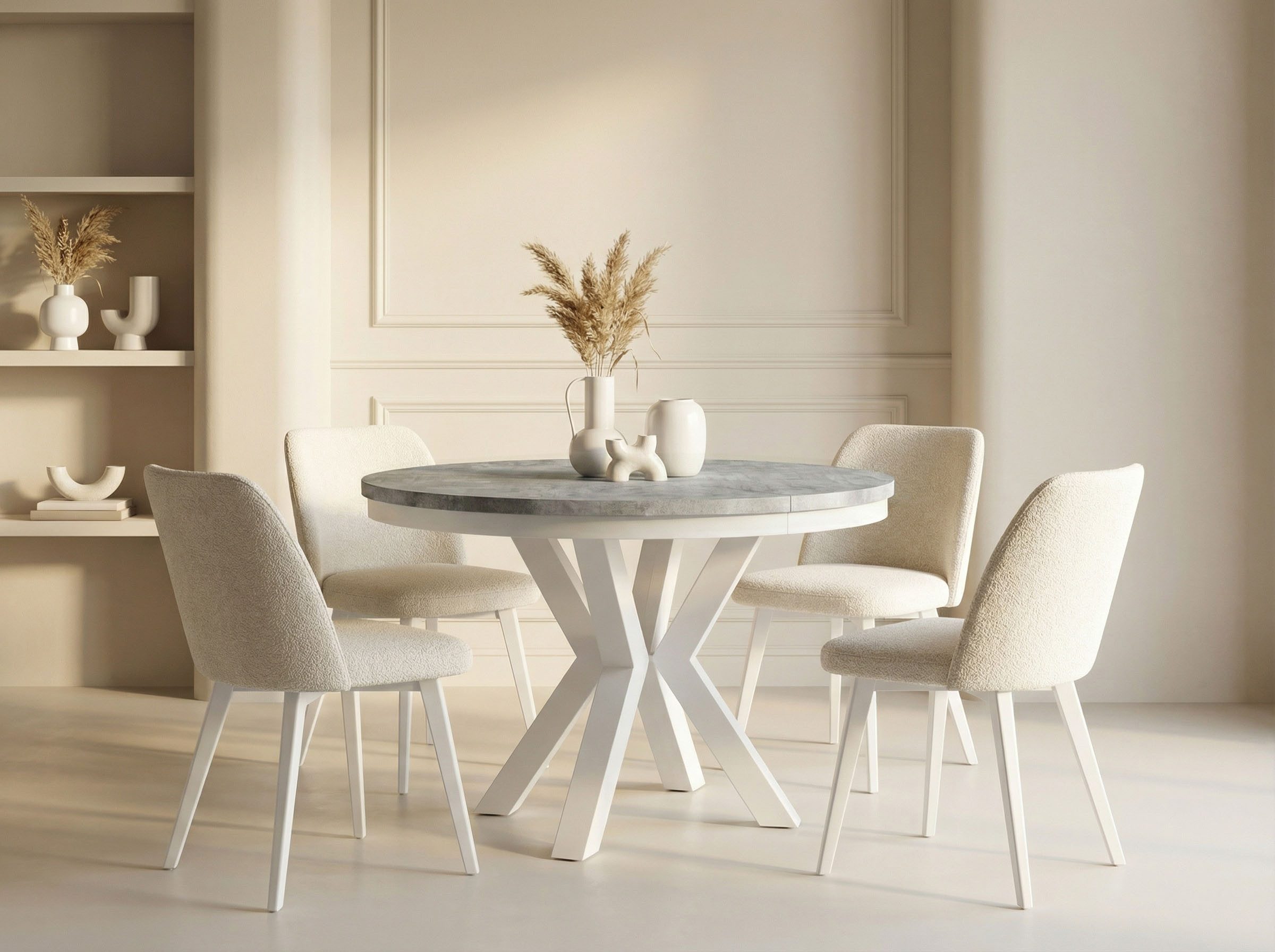 WFL GROUP Esstisch Clara White im Loft-Stil rund ausziehbar mit weißen Metallbeinen (MADE IN EU, erhältlich in zwei Größen – 100/120 cm, ausziehbar auf 180/200 cm), platzsparender Industrial Tisch in Holzoptik für Wohnzimmer oder Küche