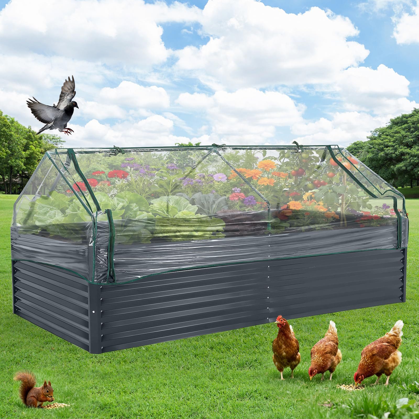GarveeMore Hochbeet aus Metall(Stahl) mit/ohne PVC-Abdeckung für den Garten & Balkon, außen, offener Boden, für Gemüse & Kräuter & Blumen