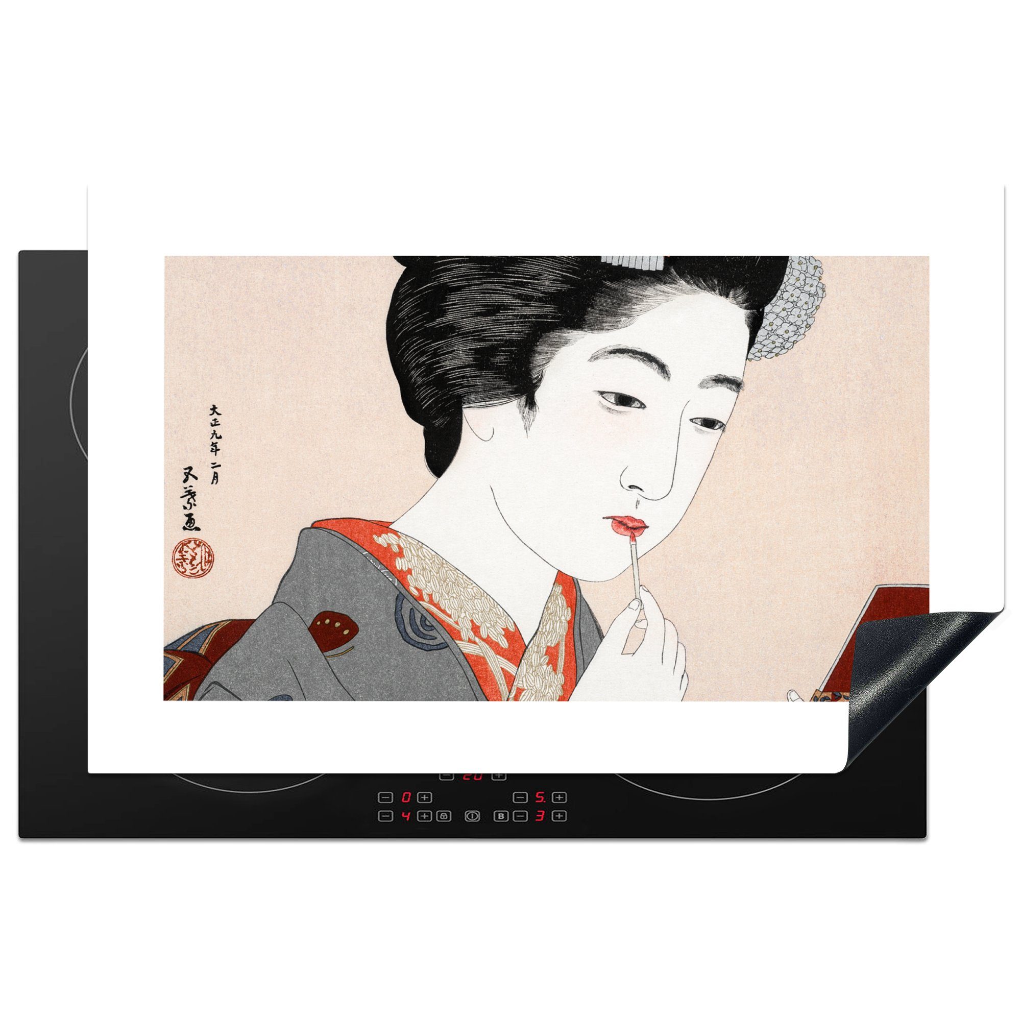 MuchoWow Herdblende-/Abdeckplatte Frau - Make-up - Japanisch - Vintage, Vinyl, (1 tlg), 81x52 cm, Induktionskochfeld Schutz für die küche, Ceranfeldabdeckung