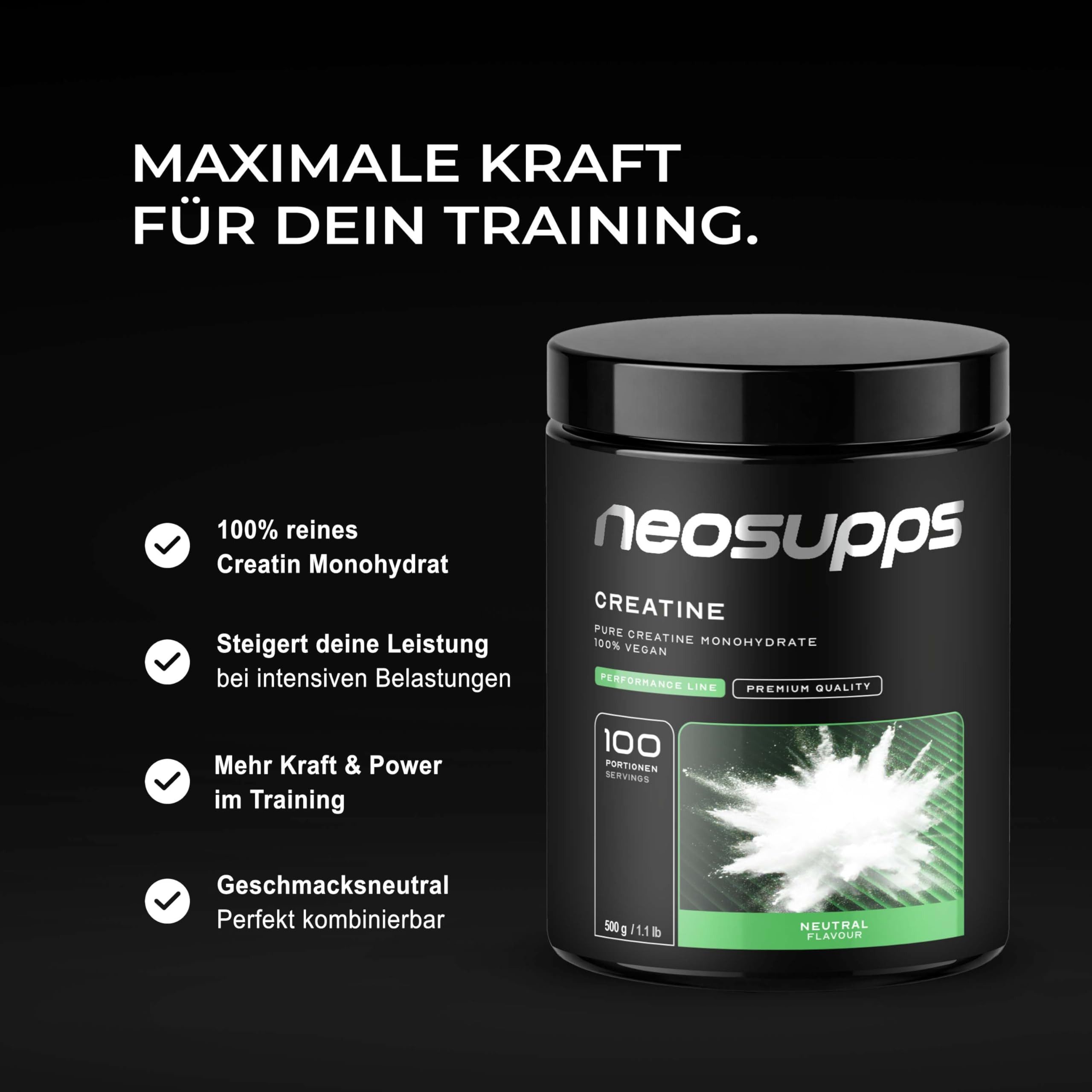 Neosupps Creatin Monohydrat Pulver 500g, 100 % reines Kreatin ohne Zusatzstoffe Pulver, 500 g, Ideal für Schnellkrafttraining & körperliche Leistung im Sport, Vegan