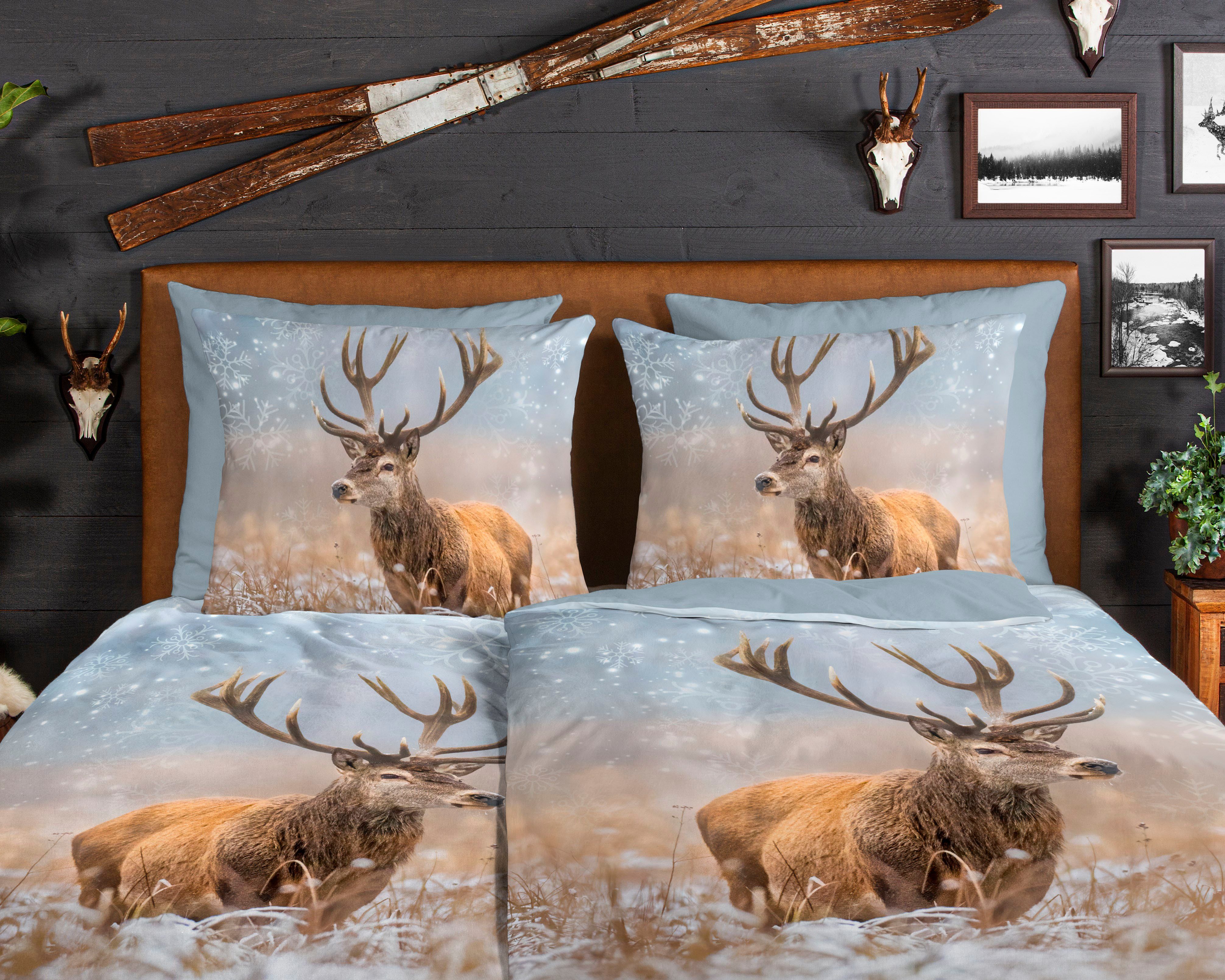 good morning Wendebettwäsche Jolly, Biber, Flanell, 2 teilig, Biber, 135x200, Winter, Warm, Reißverschluss, Wendeoptik, Reh – Bild 3 von 5
