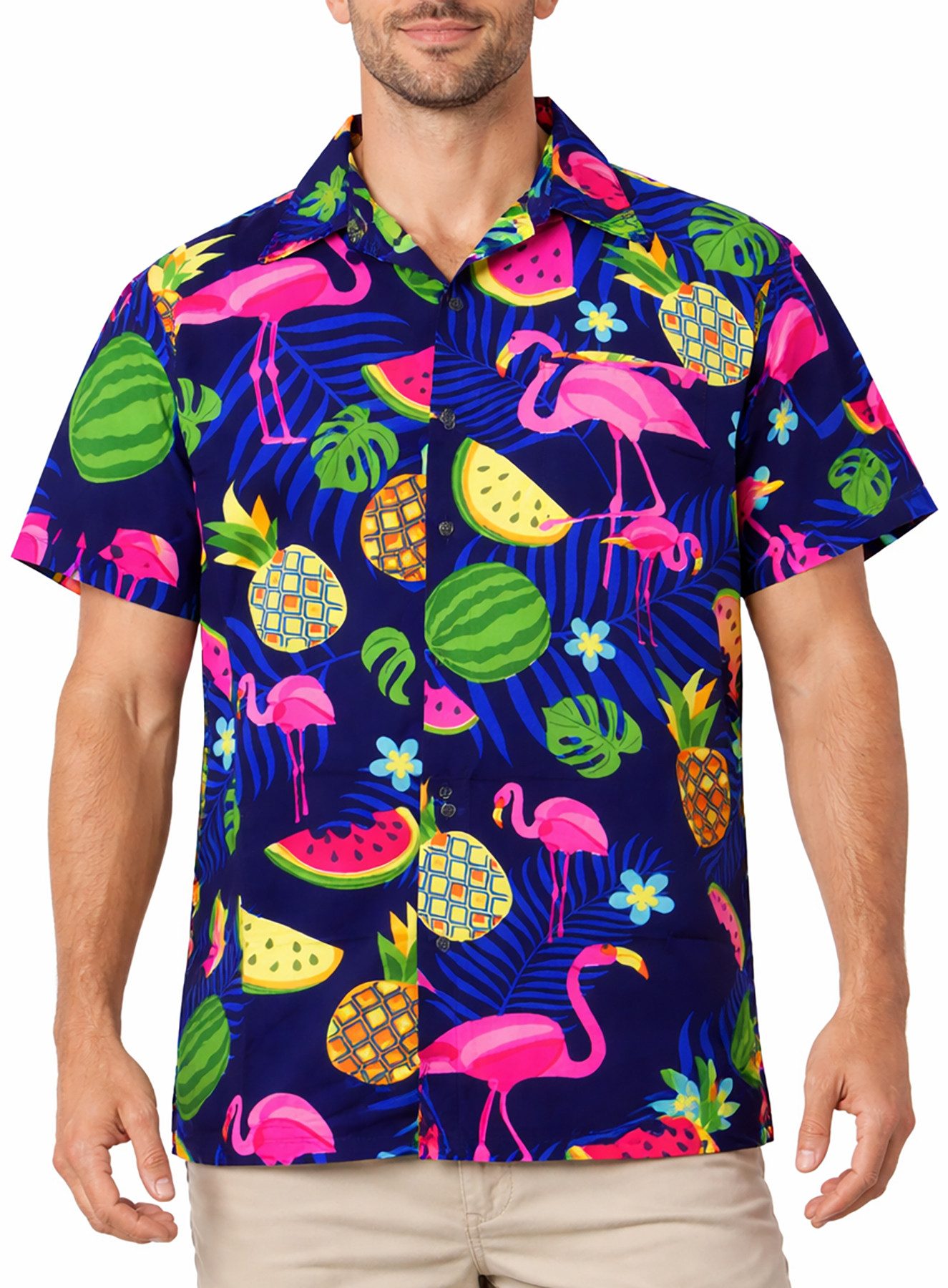 King Kameha Hawaiihemd "Flamingo Melone" Funky Hawaiihemd Herren Kurzarm Fronttasche Stylish