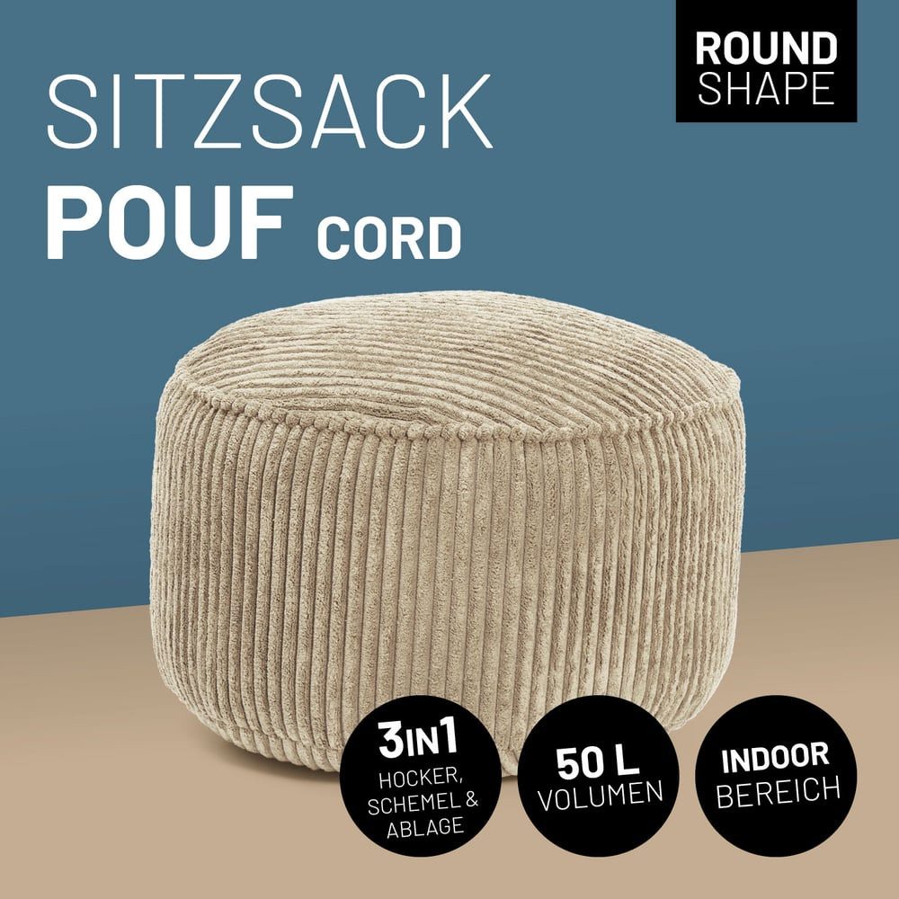 Lumaland Sitzsack Sitzhocker Cord Ablage kompakt 25x45 cm, pflegeleicht, Indoor Relaxen – Bild 2 von 5