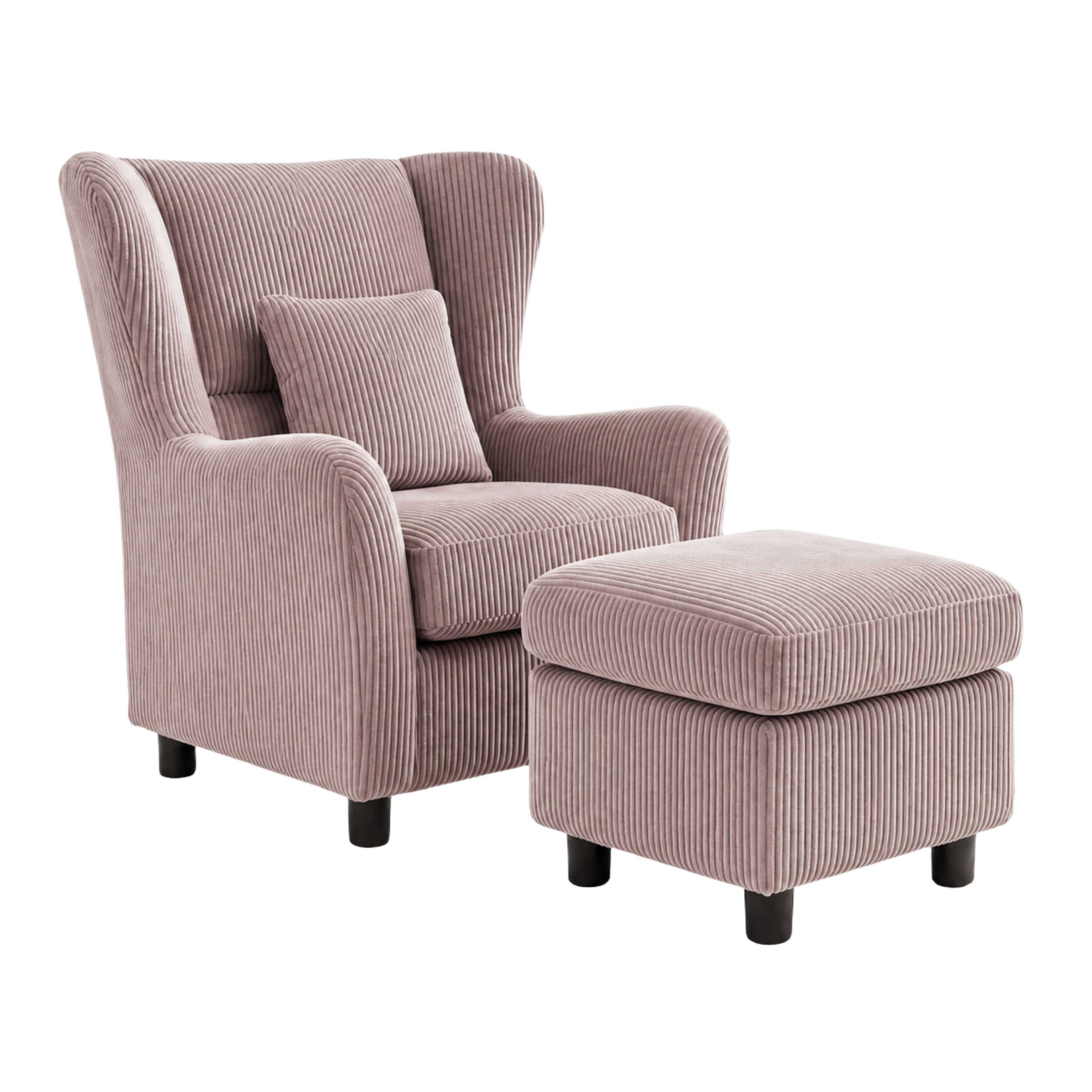 luma-home Ohrensessel 16145 (mit Hocker und Zierkissen, Polsterung mit Taschenfederkern, B89/H95/T79 cm), Lesesesel mit Echtholzfüßen, Bezug Cord in Rosa