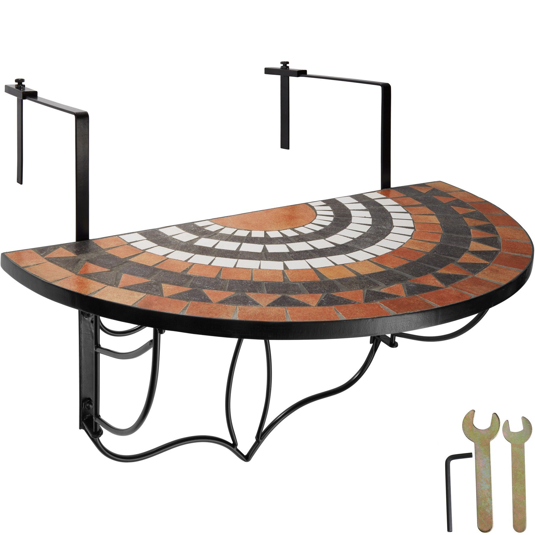 tectake Balkonhängetisch Balkontisch zum Einhängen, 75 x 65 x 62 cm, mit soliden Metallhaken (Klappbarer Balkontisch, 1-St., in terracotta/weiß), Stahl, Mosaik und Zement, halbkreisförmig, klappbar, massive Platte