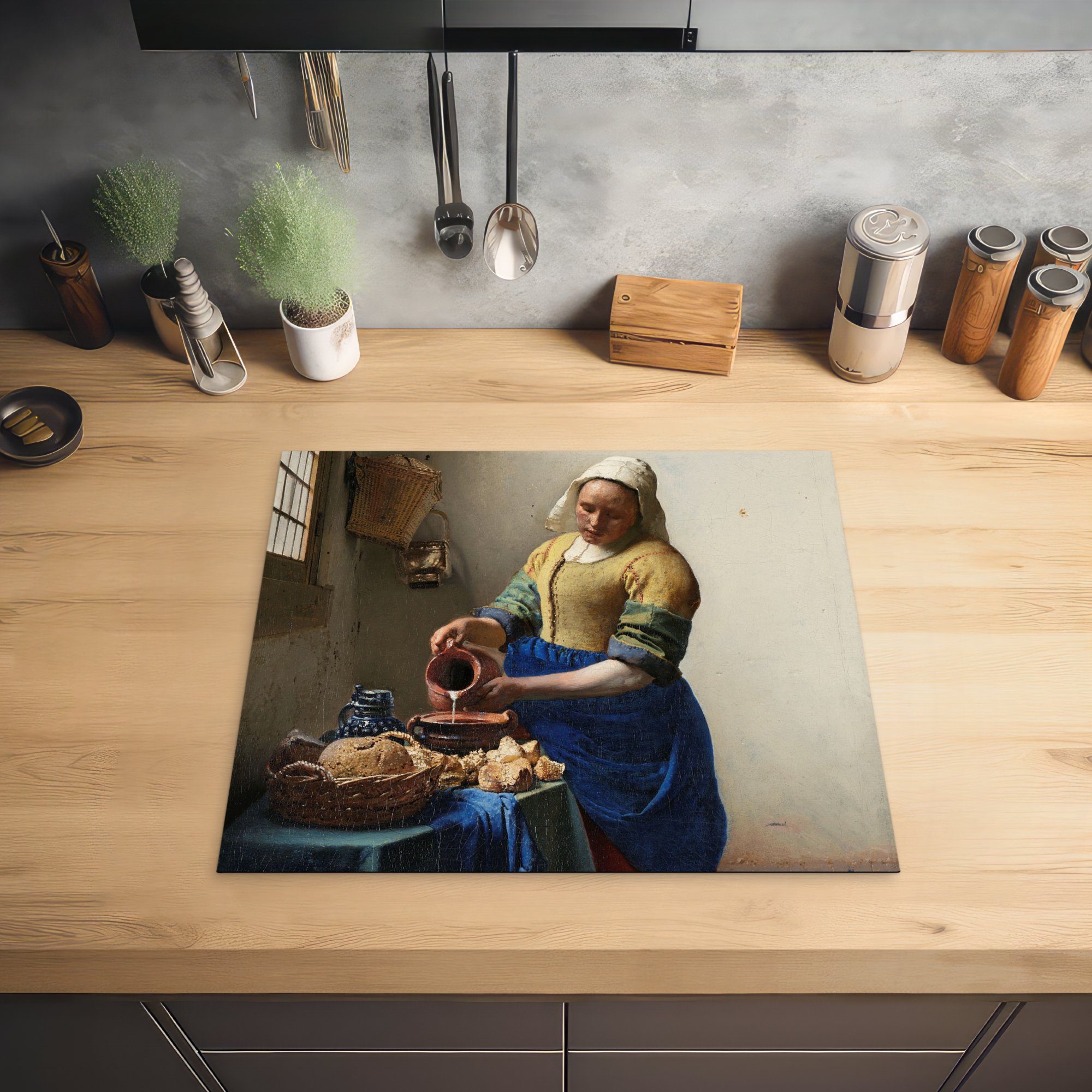 Johannes von 59x52 Vermeer, - (1 Herdblende-/Abdeckplatte Gemälde tlg), küche, cm, Ceranfeldabdeckung Vinyl, MuchoWow für Das die Milchmädchen Induktionsmatte