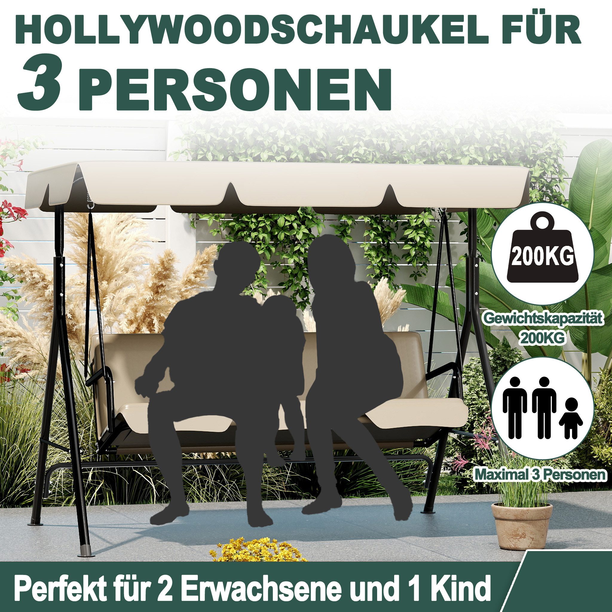 FIVMEN Hollywoodschaukel Gartenschaukel 3-Sitzer Gartenliege Schaukelbank Garten Schaukel, 176x110x152cm, Metall Hängeschaukel mit Verstellbarem Sonnendach Liegefunktion