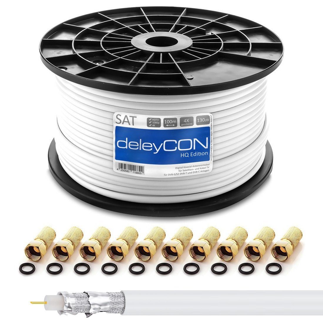 deleyCON deleyCON Kabel geschirmt SAT-Kabel 130dB SAT - 100m F-Stecker HQ 10x 4x HDTV 