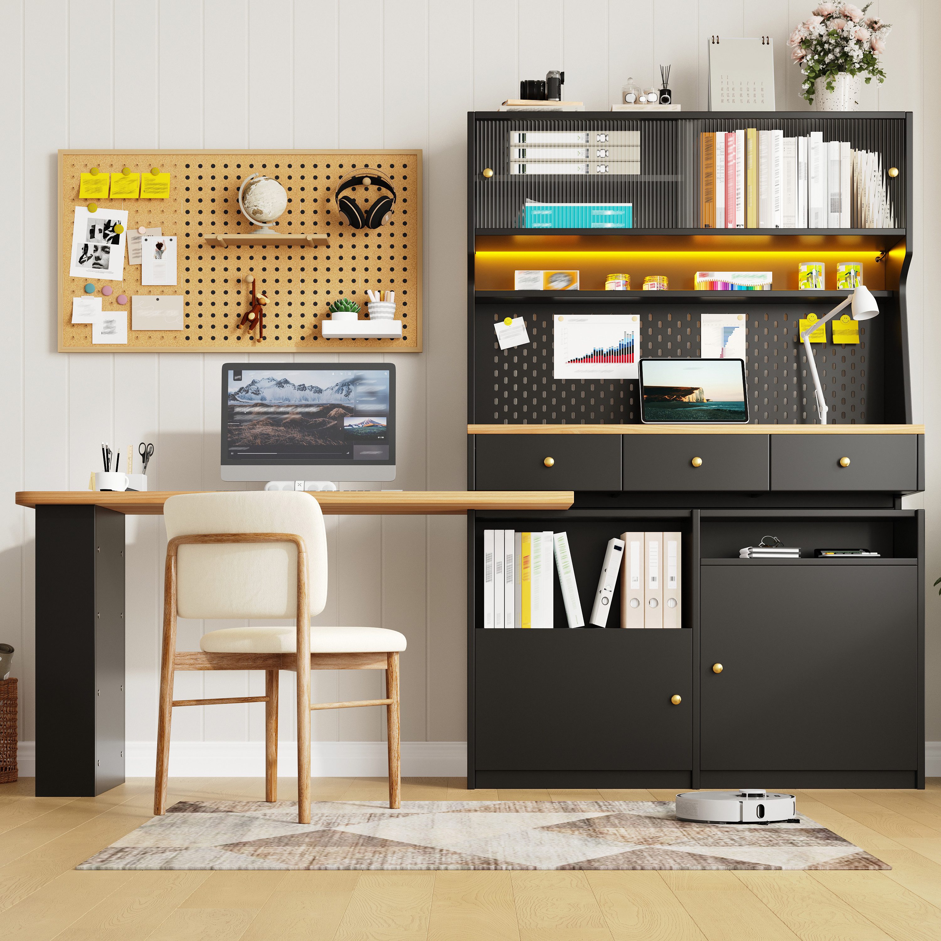 Flieks Buffet Küchenschrank Küchenbuffet mit 360° drehbar Esstisch (Buffetmaße: 119,2x44,8x177,7 cm, Tischplattemaße: 137x59 cm, 2-St., mit Acryl-Schiebetür und – Bild 5 von 5