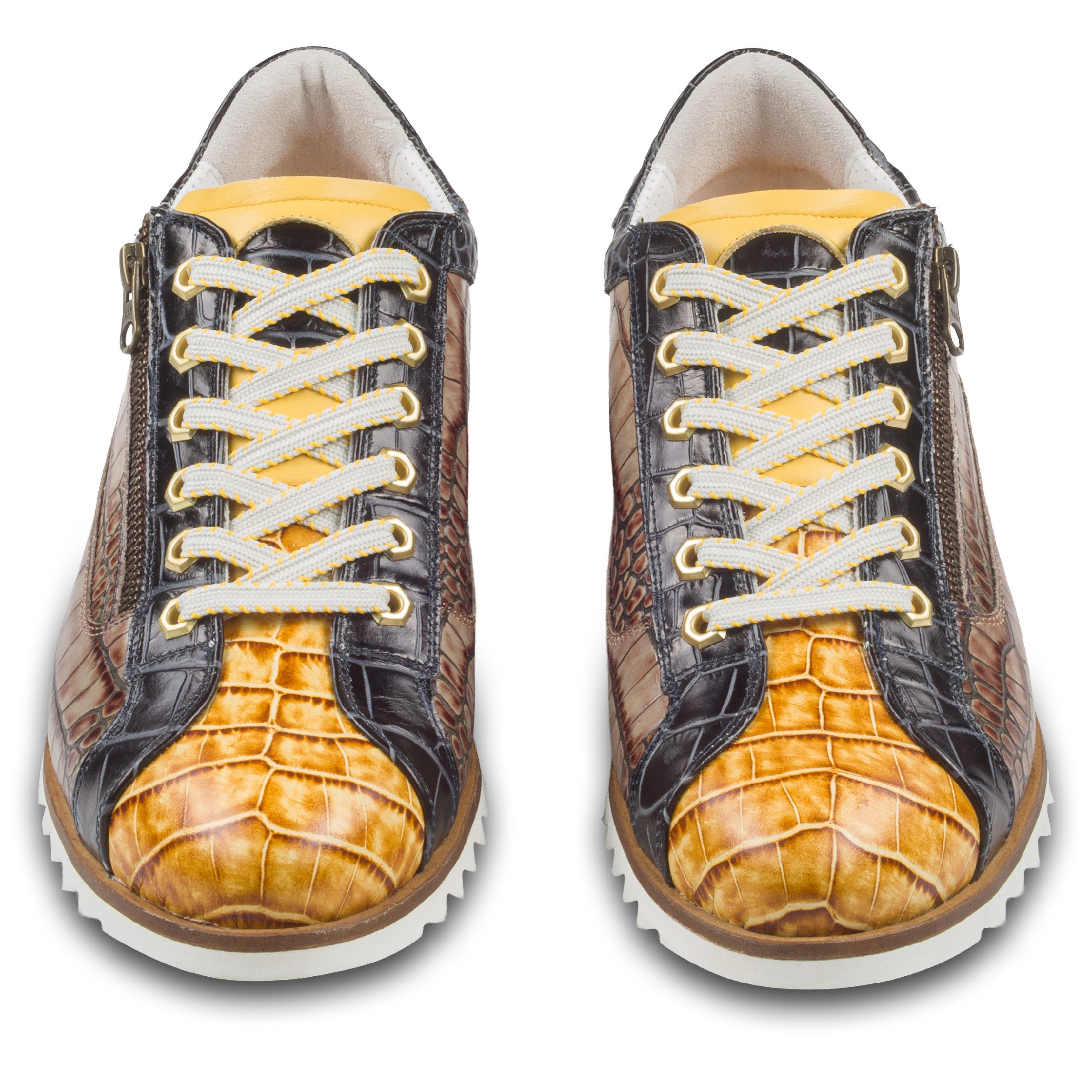Lorenzi Sneaker Herren gelb/schwarz/braun - Kalbsleder mit Reptilprägung Sneaker Handgefertigt in Italien