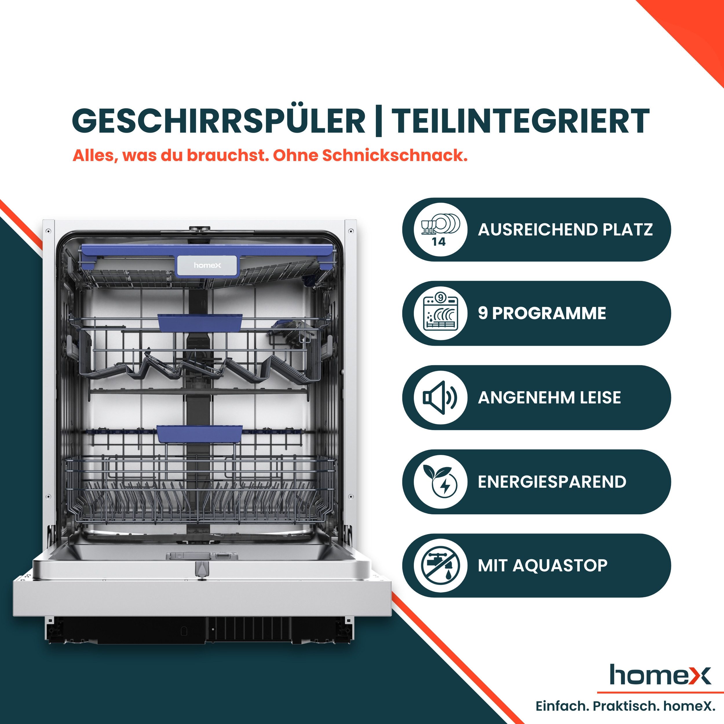homeX teilintegrierbarer Geschirrspüler DWSI601442A, 10 l, 14 Maßgedecke, Einbau Spülmaschine teilintegriert 60 cm, 9 Programme, AquaStop, 42 dB
