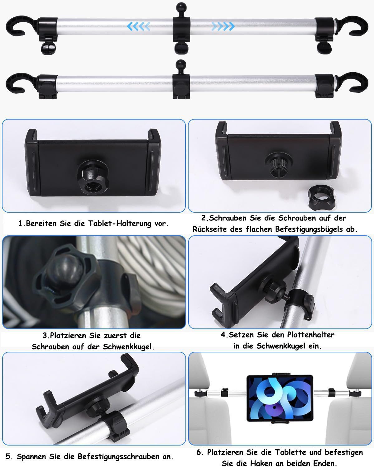 SinLaw Autokopfstütze Kopfstützenhalterung für Tablets, Anti-Shake-Tablet-Halter mit 4 Haken, (1-St), Universal einstellbarer Tablet-Halter für das Auto