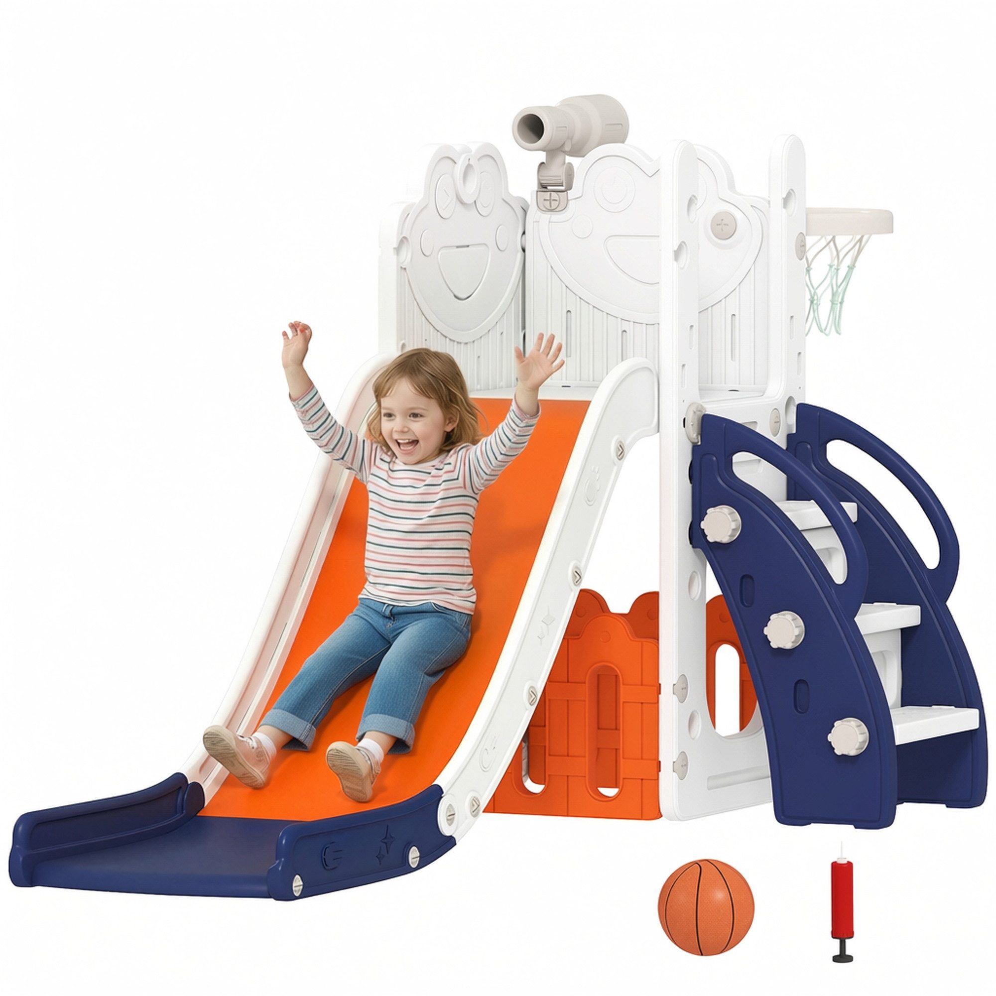 AIYAPLAY Rutsche mit Basketballkorb und Stauraum, (Babyrutsche, 1-tlg., Spielplatz), für Kleinkinder 1-3 Jahre, Orange