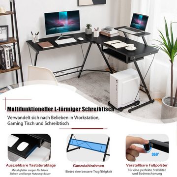 COSTWAY Eckschreibtisch, L-förmig, mit Tastaturablage, Monitor-& CPU-Ständer