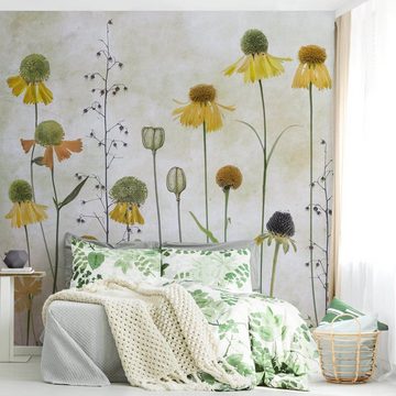 Bilderdepot24 Fototapete Blumen Helenium Blüten Blumentapete Floral Natur Vintage Kunst Gelb, Glatt, Matt, (Vliestapete inkl. Kleister oder selbstklebend), Wohnzimmer Schlafzimmer Küche Flur Motivtapete Vliestapete Wandtapete