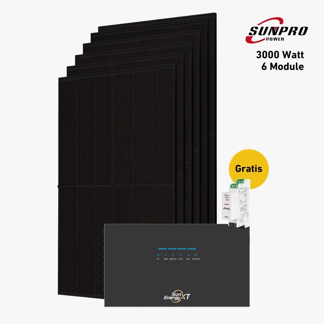 Balkonstrom Balkonkraftwerk 3000W + Speicher, SunEnergyXT 500 Pro, Komplettset, Bifazial, 3000 W, Monokristallin, Halterung für Dach, Fassade, Balkon & Garten, App & Plug&Play DE