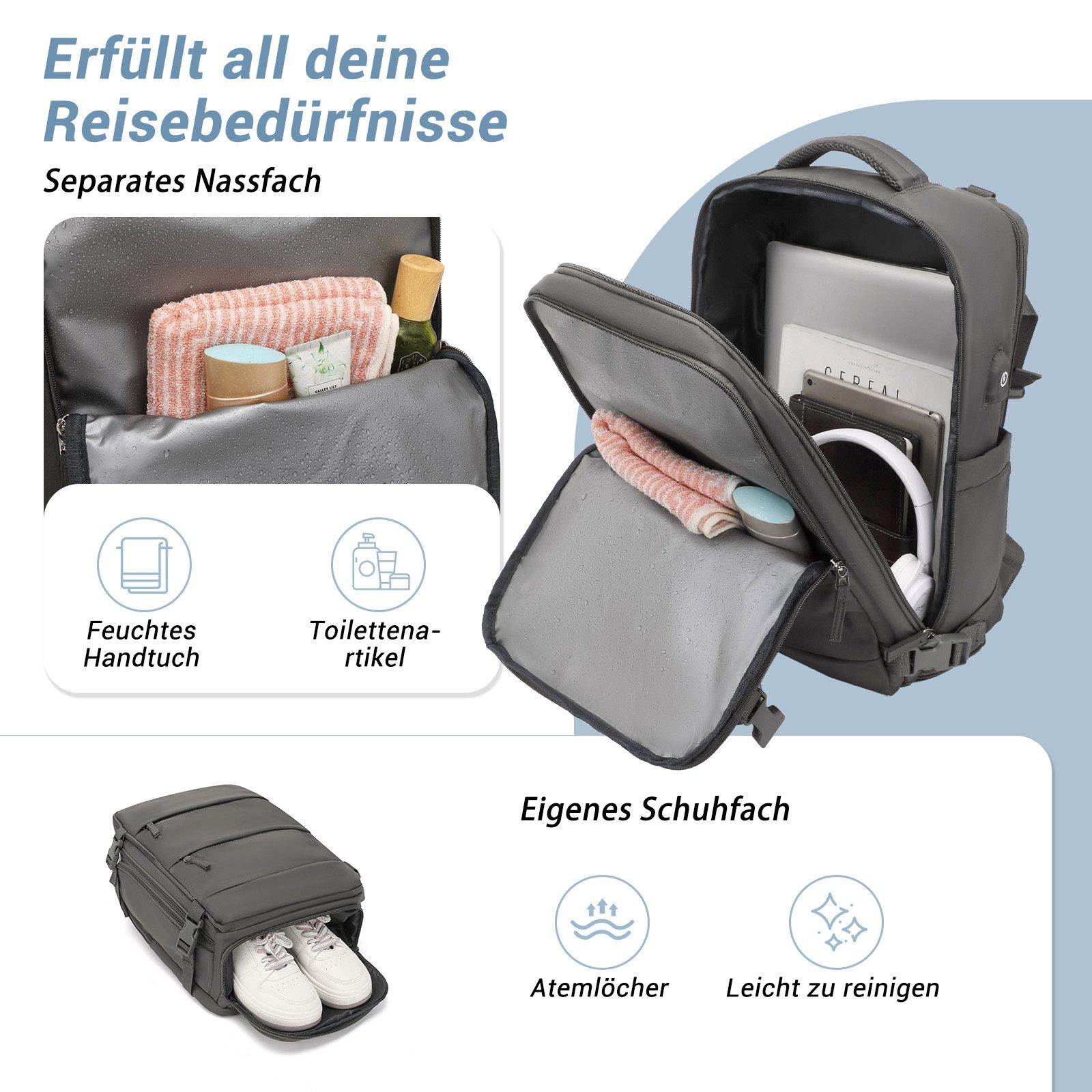 KONO Reiserucksack Handgepäck Laptop Rucksack 42x30x20,25L mit Schuhfach für Reisen&Sport – Bild 4 von 5