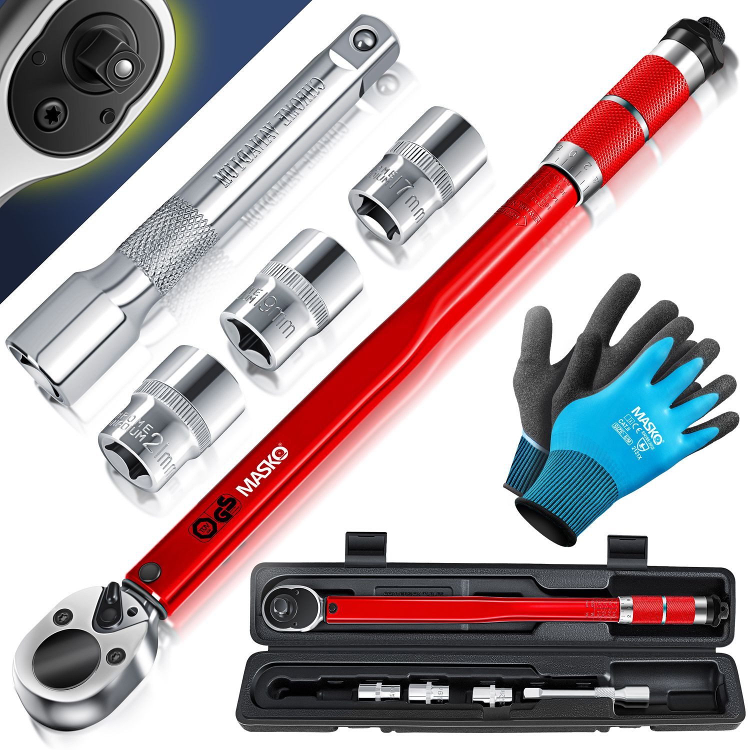 MASKO Drehmomentschlüssel Set 6tlg. Set 40-210Nm 1/2' CV, inkl. 3 Stecknüsse, 17mm, 19mm, 21mm & Verlängerung 125mm, inkl. Handschuhe und Koffer