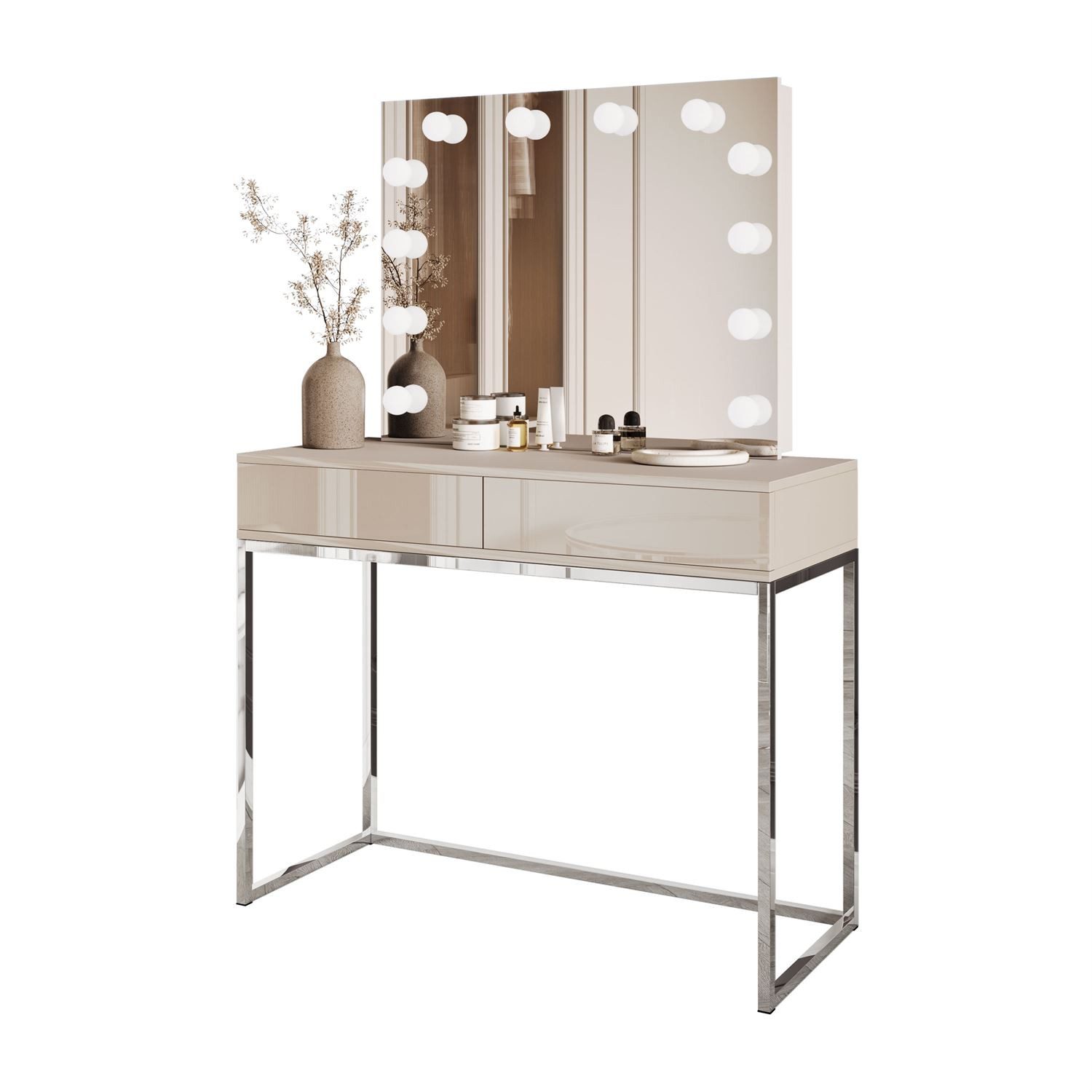 Lookway Schminktisch BLANCO KASCHMIR ELITE auf verchromtem Gestell (x Konsole, 1x Spiegel mit Led Beleuchtung), Breite: 100 cm