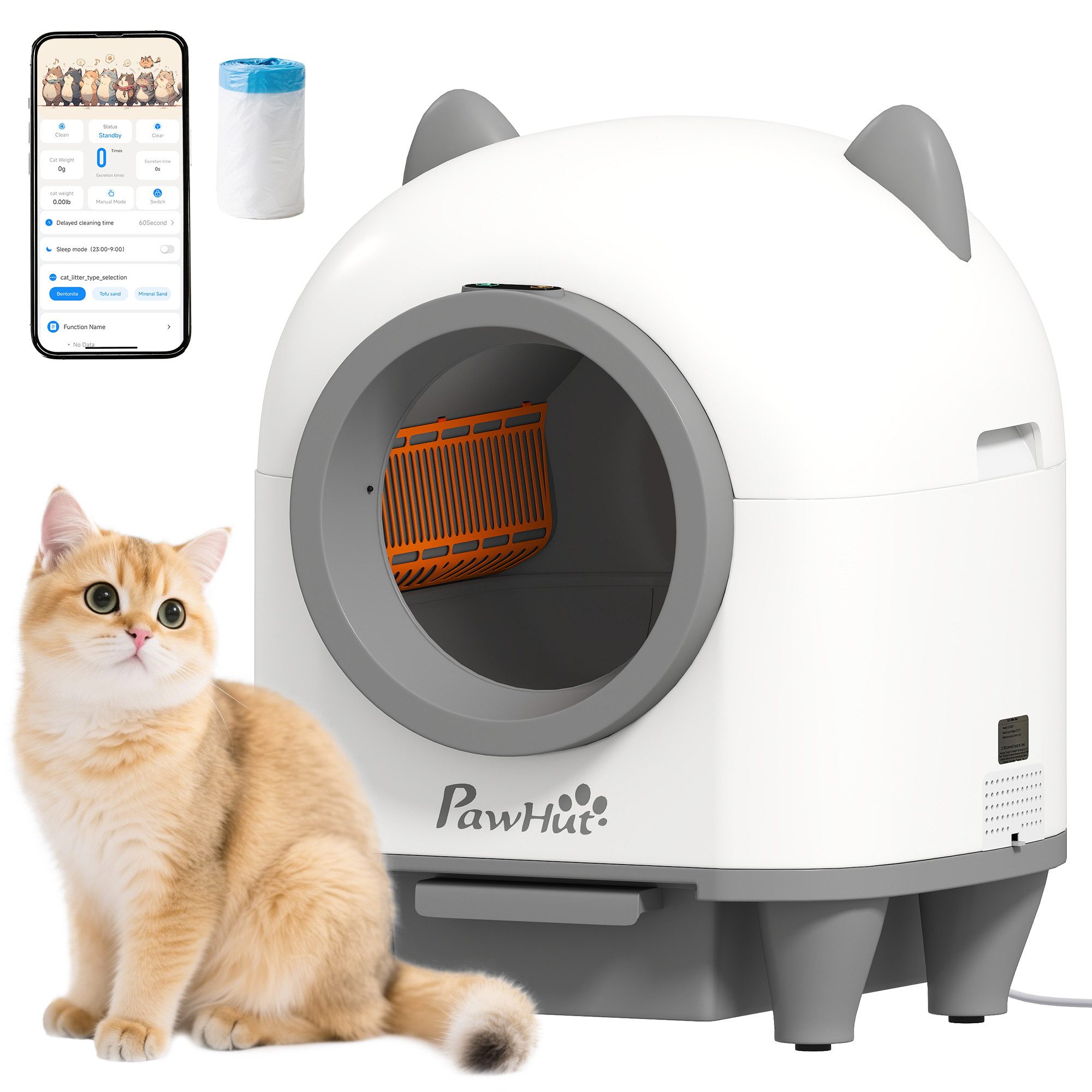 PawHut Katzentoilette mit App-Steuerung, Geruchsbeseitigung, Müllbeutel, hygienisch, für Mehrere Katzen