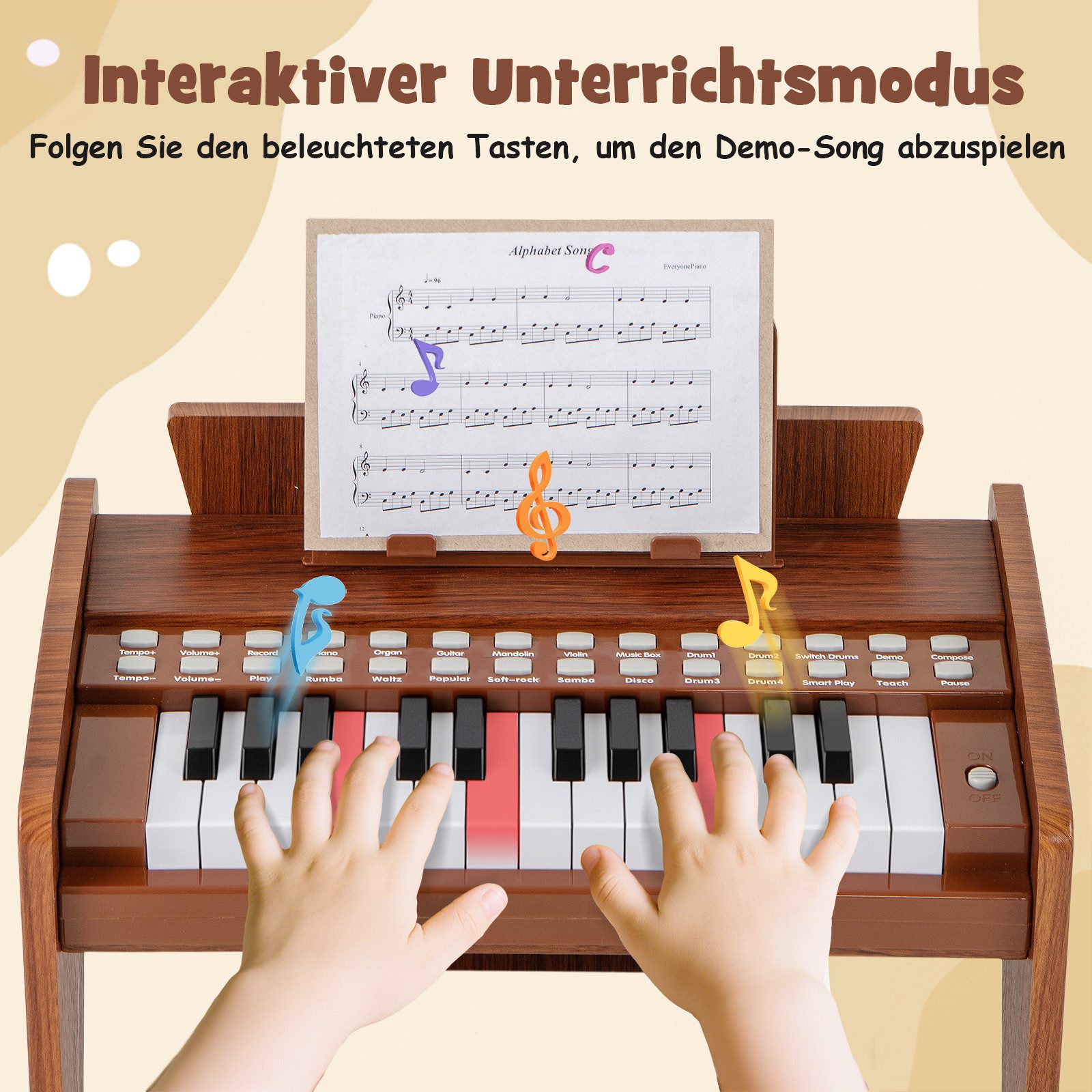 COSTWAY Spielzeug-Musikinstrument, Holzspielzeug mit Abnehmbarer Notenständer & Lautstärke