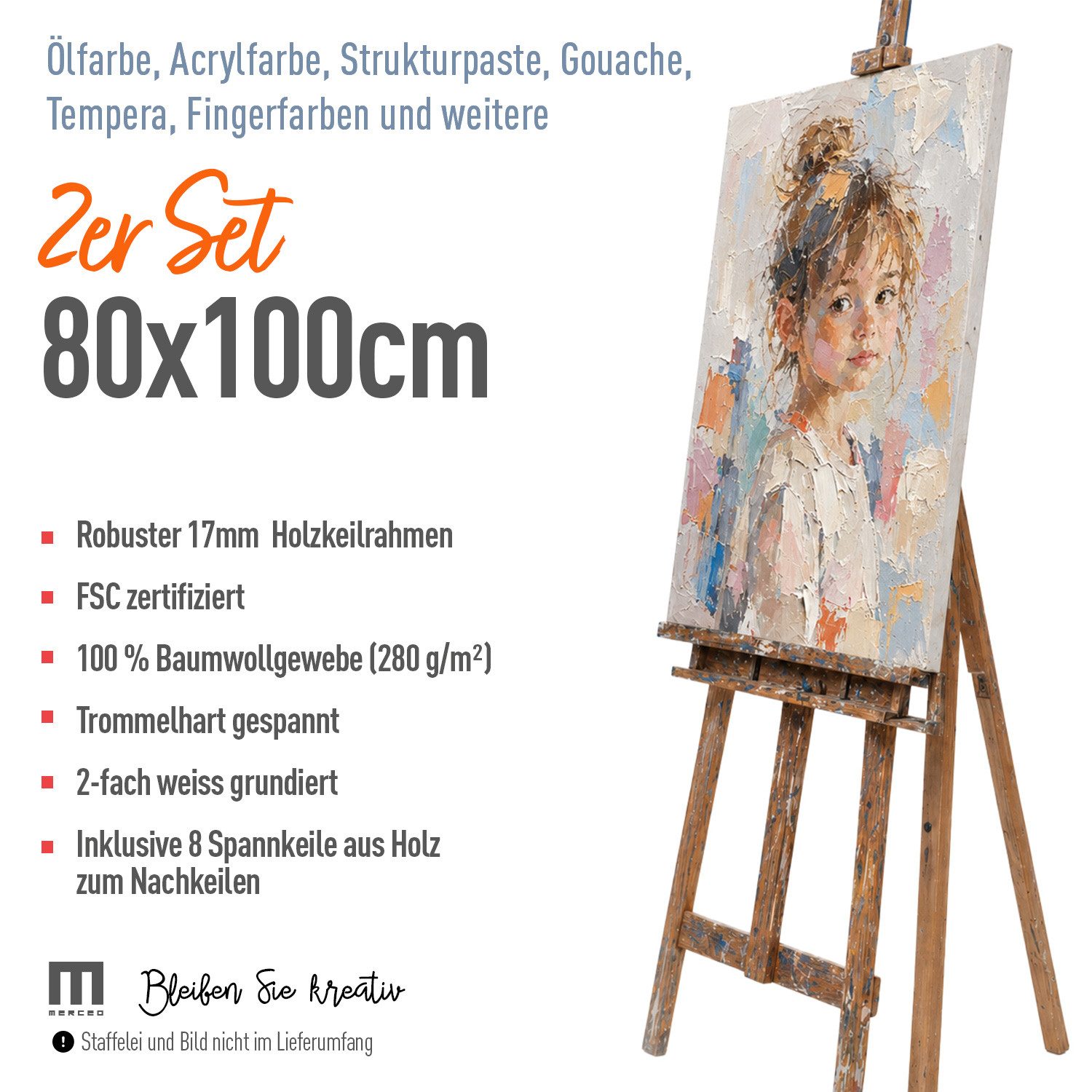 M MERCEO Leinwand, 2er-Set Leinwand 80x100cm (zum Bemalen, Baumwolle, Keilrahmen,280g/m)