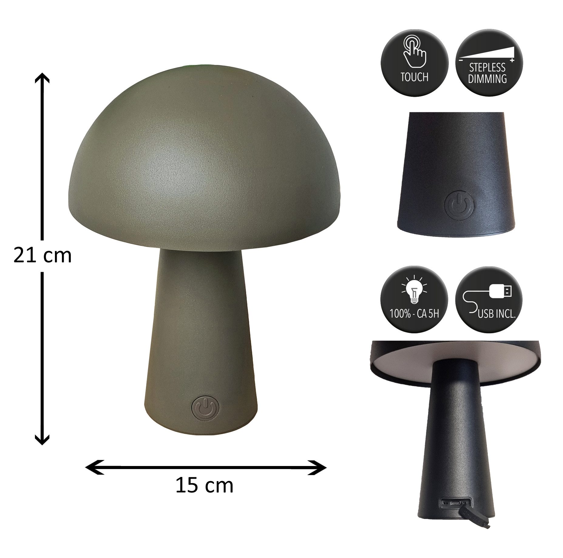 Coen Bakker Deco BV LED Außen-Tischleuchte Touch Tischlampe Pilzform Dimmbar Akku In-/Outdoor IP44, Touch-Funktion, LED fest verbaut, Kaltweiß, Warmweiß, Tageslichtweiß