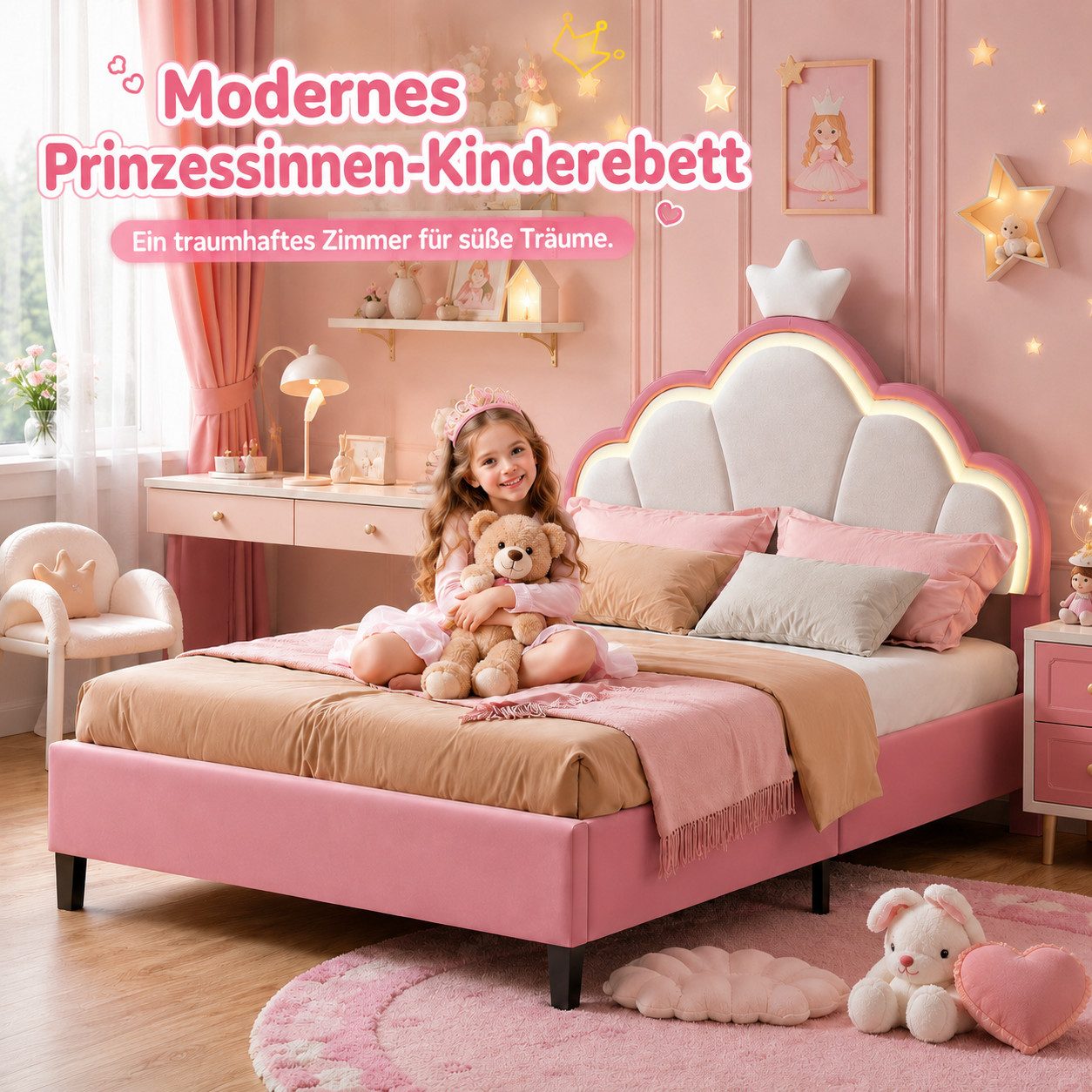 Simurq Kinderbett Mädchenbett 140x190 cm mit LED Verstellbares-Kopfteil in Kronenform (Einzelartikel, Jugendbett Gästebett für kinder/Erwachsenen,ohne Matratze) – Bild 2 von 5