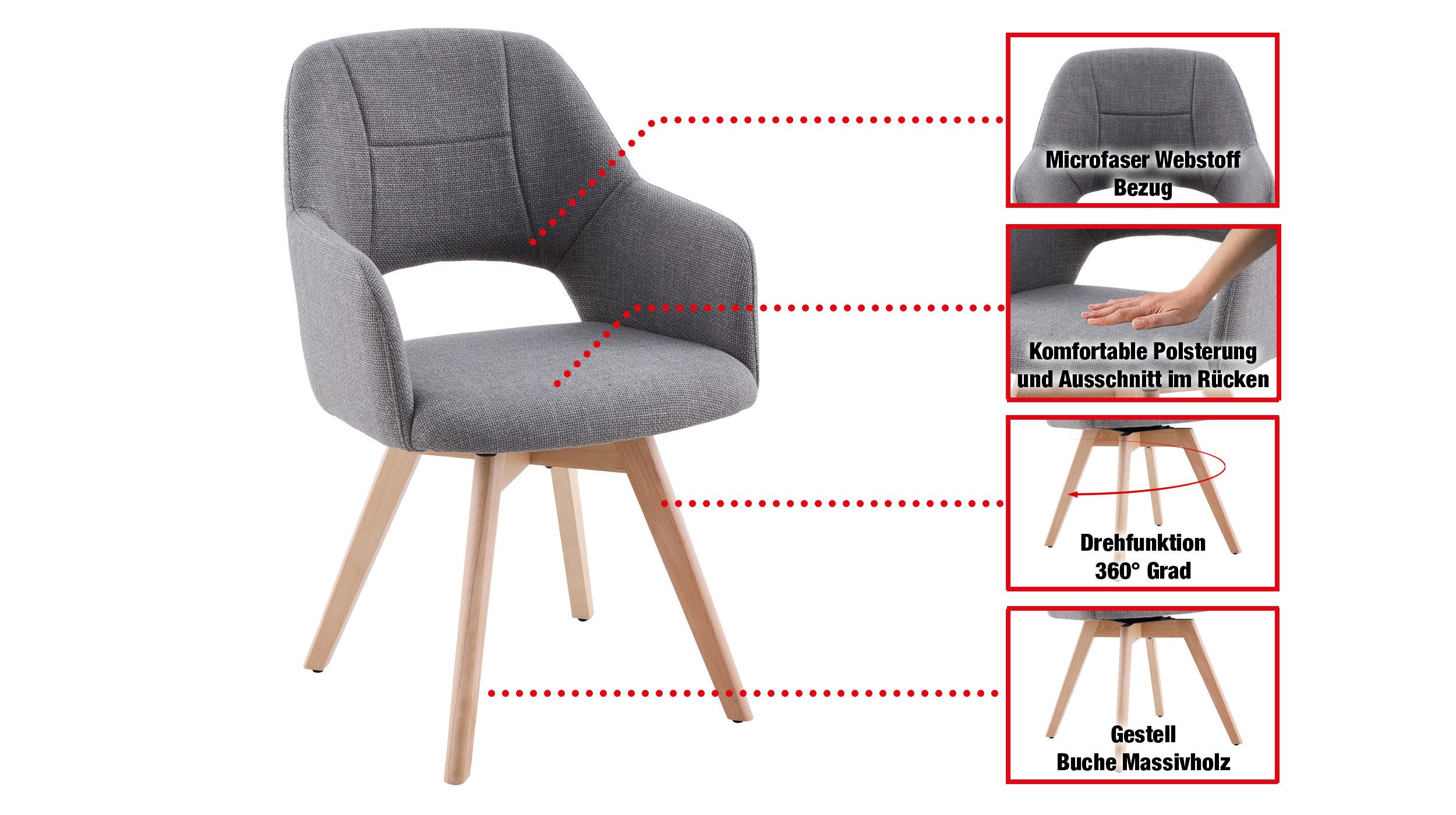 Massivart® Polsterstuhl Armlehnen Webstoff / grau/beige / 360°-Drehfunktion günstig online kaufen