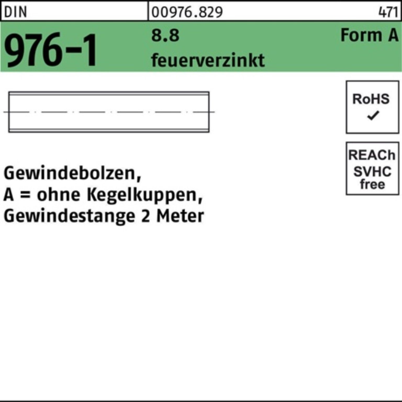 Reyher Gewindebolzen 100er Pack Gewindebolzen DIN 976 o.Kegelkuppen AM 12x 2000 8.8 feuerve