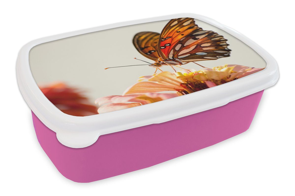 MuchoWow Lunchbox Schmetterling - Orange - Blume - Insekten, Kunststoff, (2-tlg), Brotbox für Erwachsene, Brotdose Kinder, Snackbox, Mädchen, Kunststoff rosa | Lunchboxen