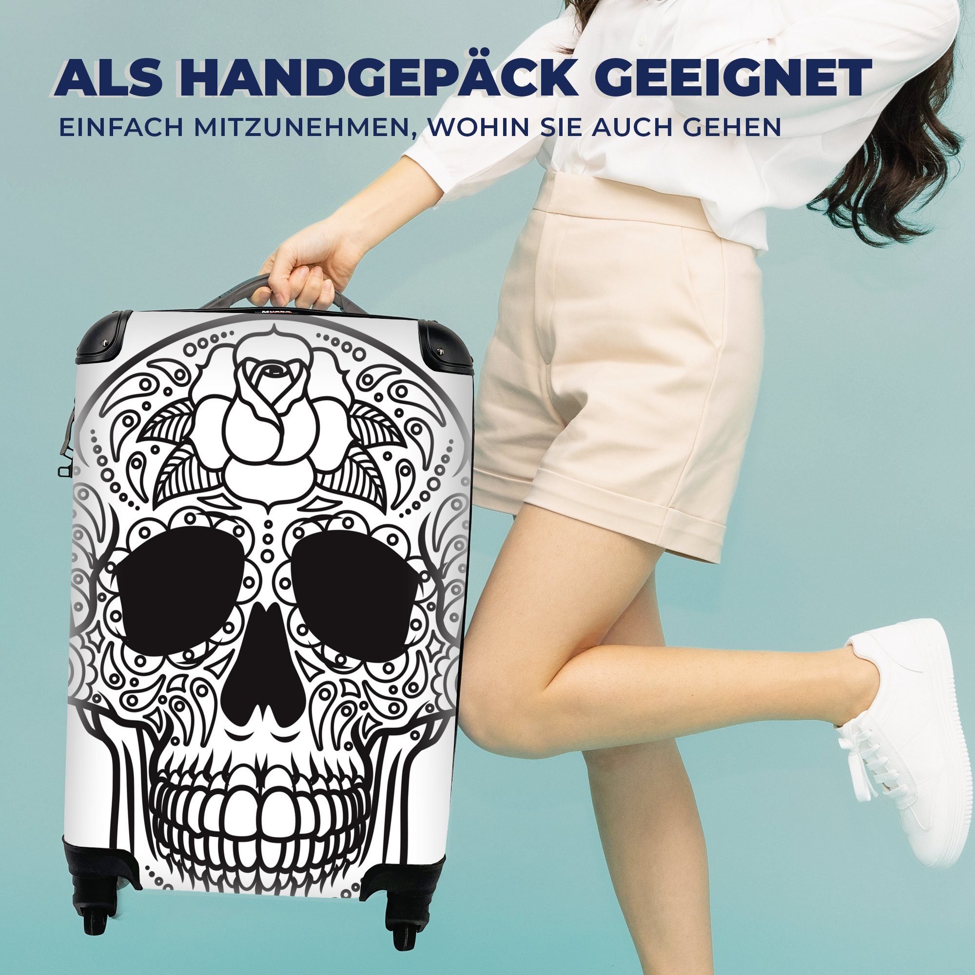 MuchoWow Handgepäckkoffer Eine schwarz-weiße Illustration eines Dias De Los Muertos-Schädels, 4 Rollen, Reisetasche mit rollen, Handgepäck für Ferien, Trolley, Reisekoffer