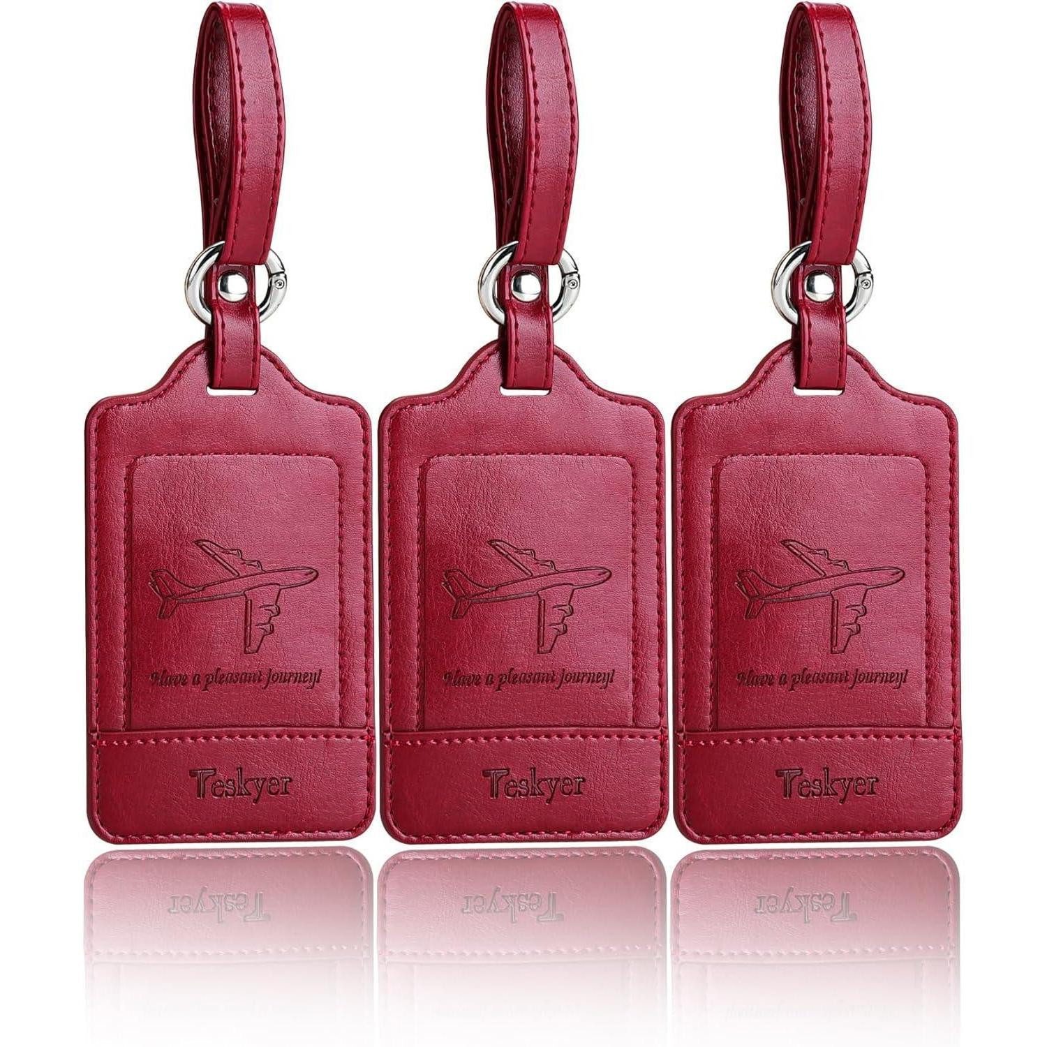 LuxusKollektion Gepäckanhänger 3er Set Kofferanhänger Weinrot PU Leder Adressschild Datenschutz