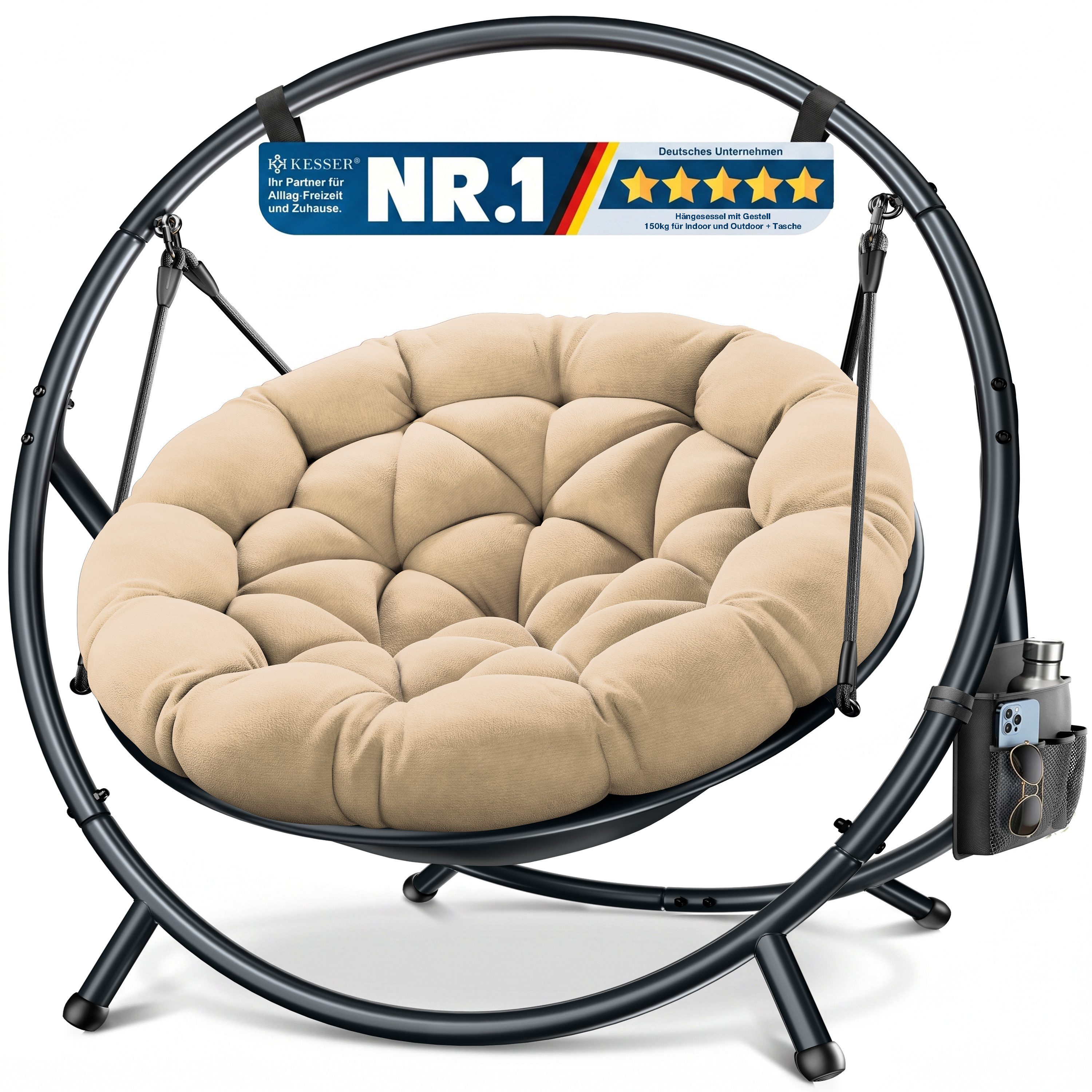 KESSER Hängesessel Bali Hängesessel mit Gestell Hängeschaukel Hängestuhl bis 150kg (mit Wipp Funktion, Kissen & Seitentasche), Hängekorb Stahlgestell Schaumstoff Sitzpolster für Wohnzimmer & Garten