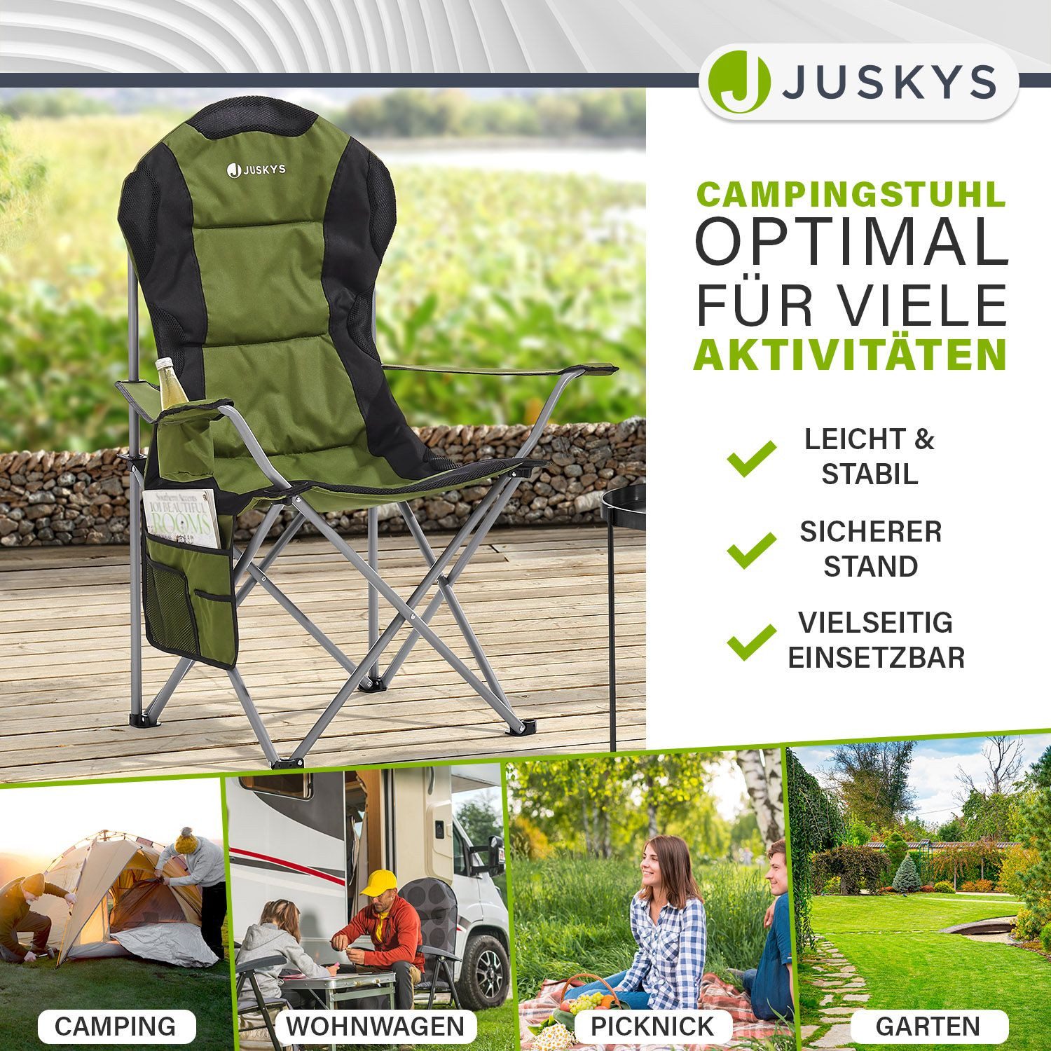 Juskys Campingstuhl Lido, leicht und stabil, bequeme Rückenlehne, mit Armlehnen