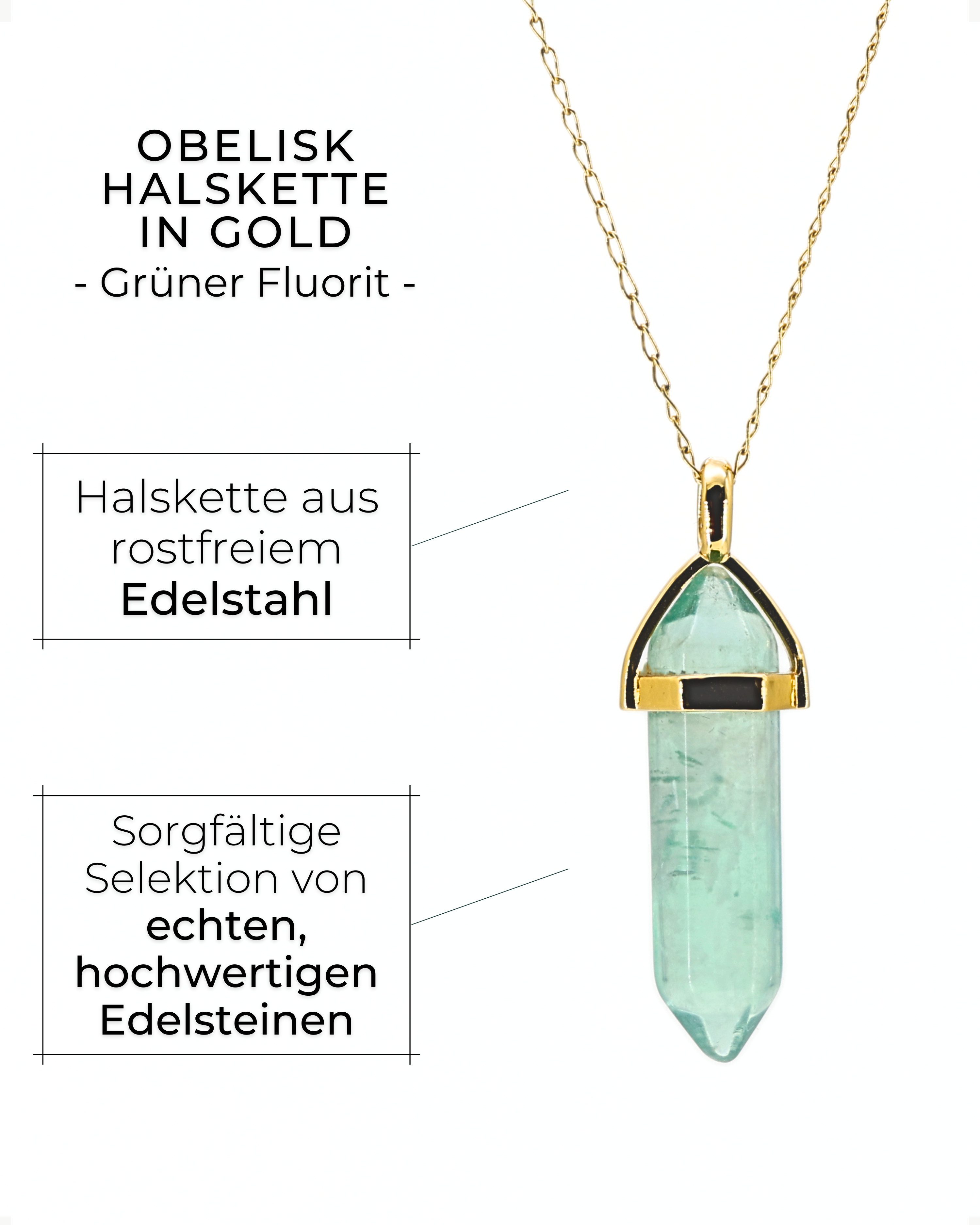 LAVISA Kette mit Anhänger Edelstein Halskette Obelisk gold Naturstein Kristall