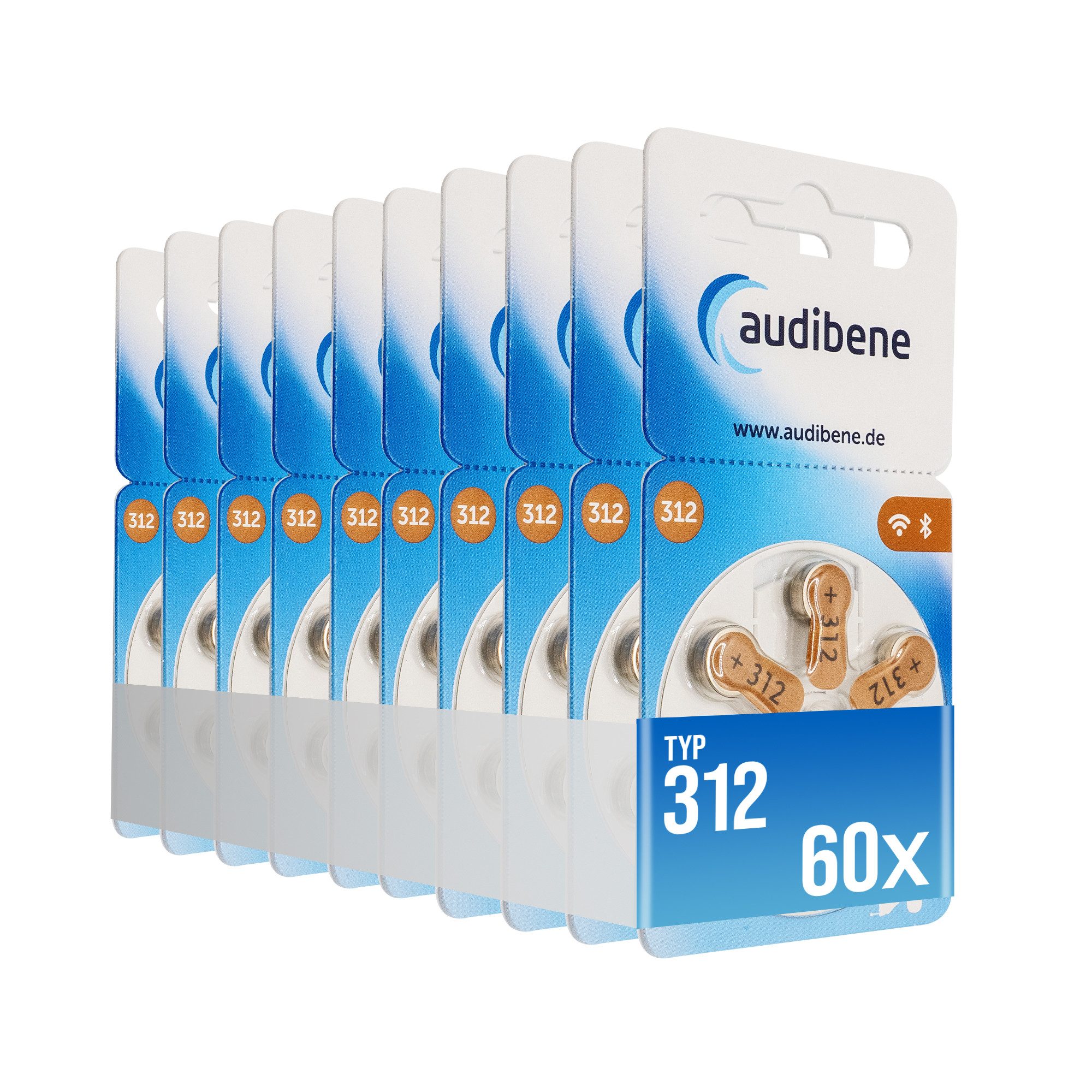 audibene 60x audibene Hörgerätebatterien 312 braun + GRATIS Reinigungstuch Batterie, (60 St), 1,4V / 1,45V bis zu 10 Jahre lagerfähig ohne Leistungsverlust.
