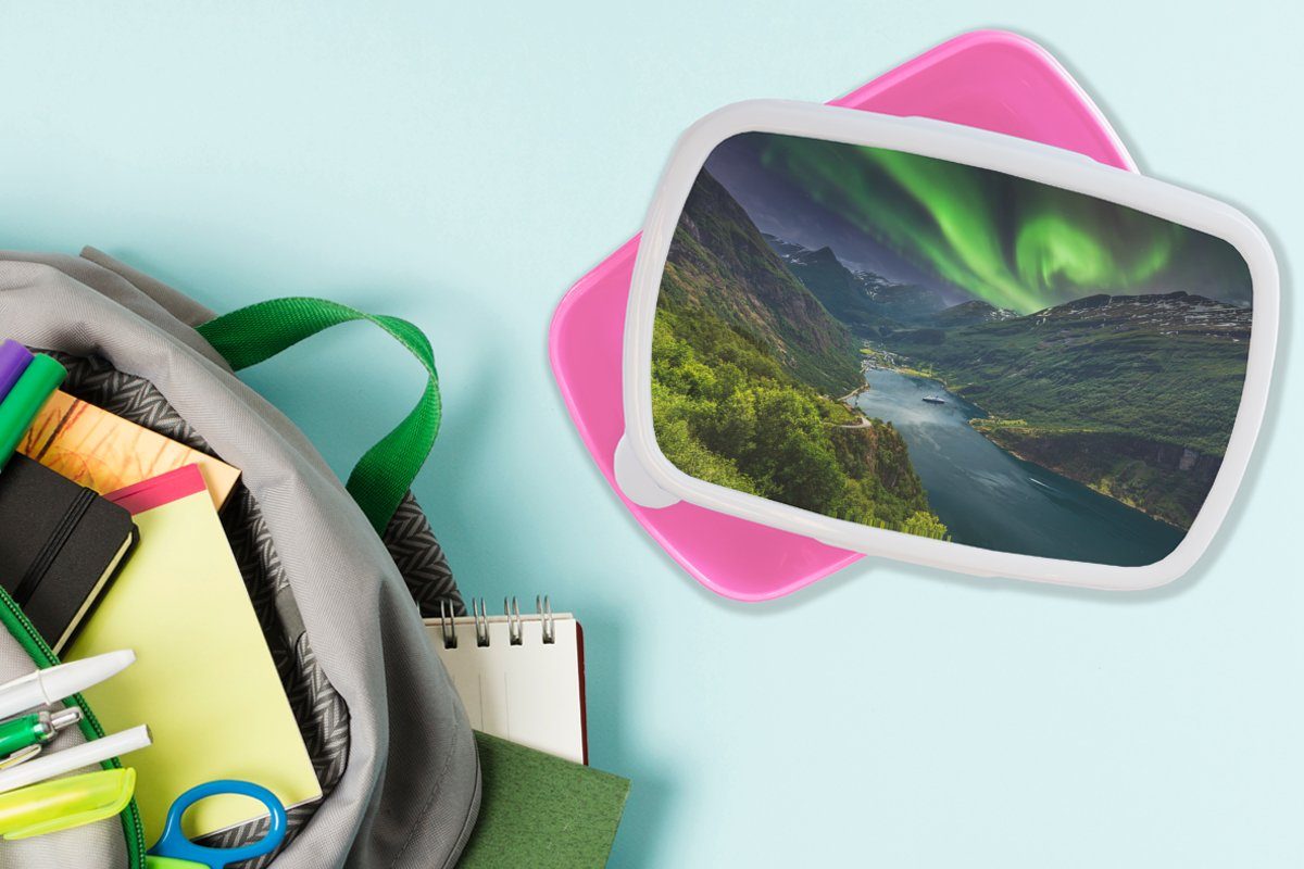 MuchoWow Lunchbox Nordlichter - Kunststoff Erwachsene, Brotdose Boot Brotbox - Berg Snackbox, Kinder, Norwegen, - (2-tlg), Kunststoff, Mädchen, rosa für