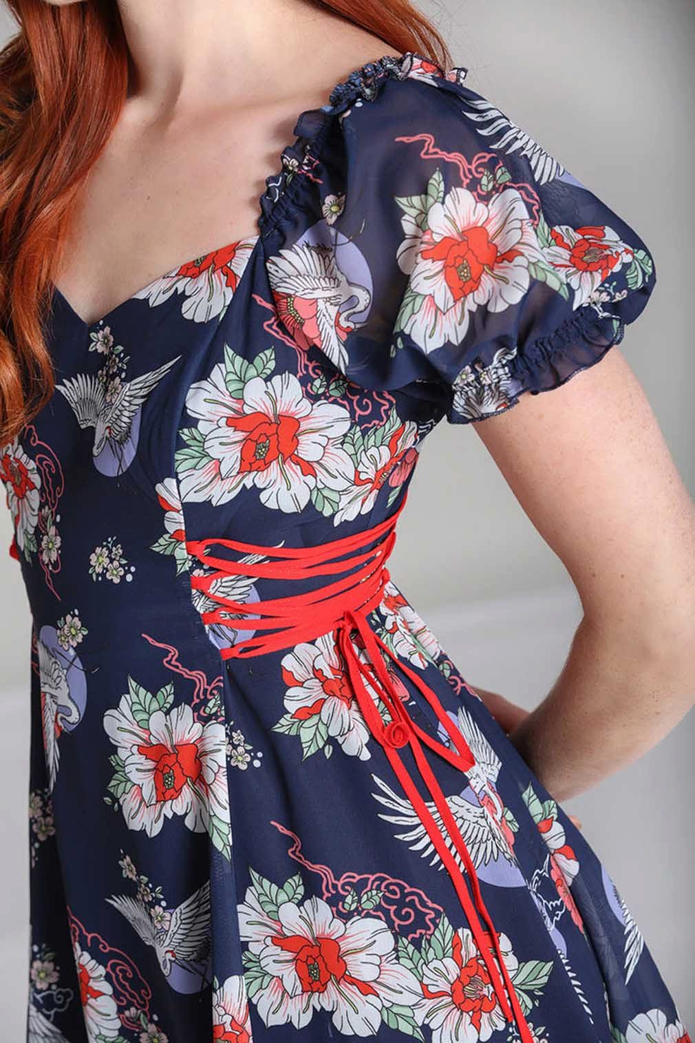 Hell Bunny Minikleid Misa Vintage Sommerkleid Schnürung Vögel Blumen Chiffon