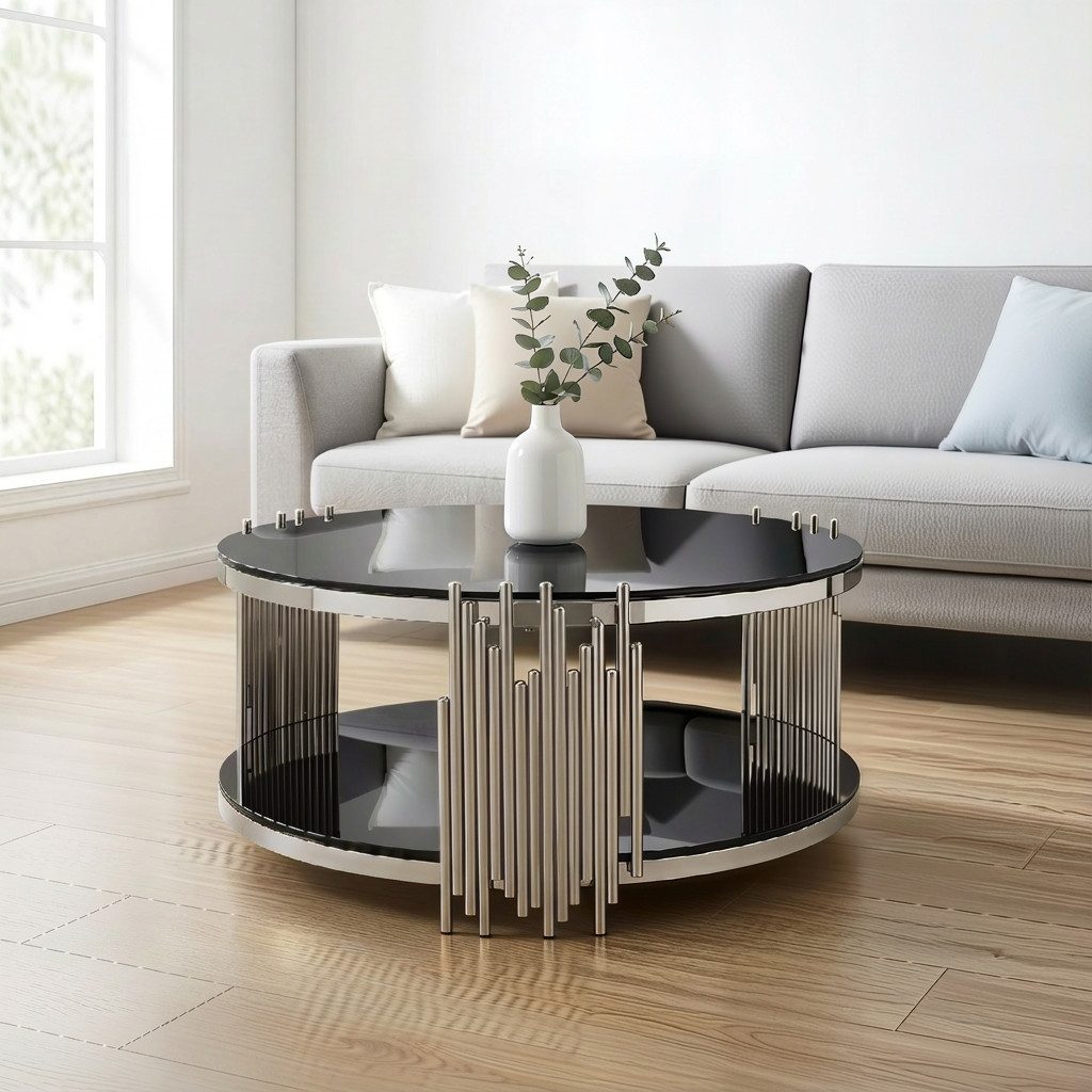 MODFU Couchtisch Stilvoller Sofatisch mit klarem Glas-Kreisdesign (Packung, 1-St., Runder Glas-Couchtisch 80 cm, Schwarz, Silber-Stahlbasis), Luxuriöser Mitteltisch für Wohnzimmer & Office, Doppelglasplatte
