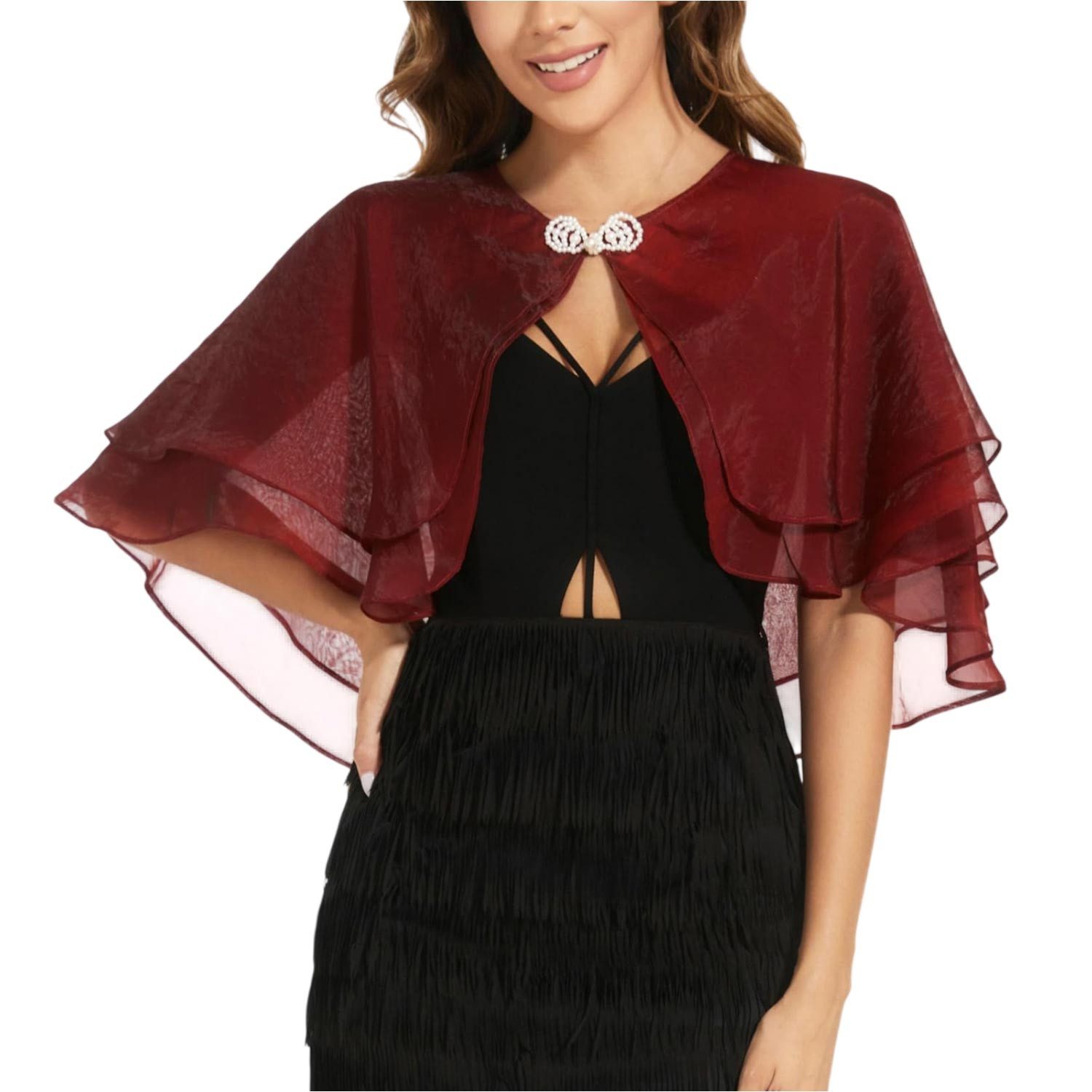 Refttenw Bolero Damen Festlich Doppellagiger Chiffon Bolero Stola Brautjacke Poncho (1-tlg) Bolerojacken mit Perlenknoten - Leicht Luftig