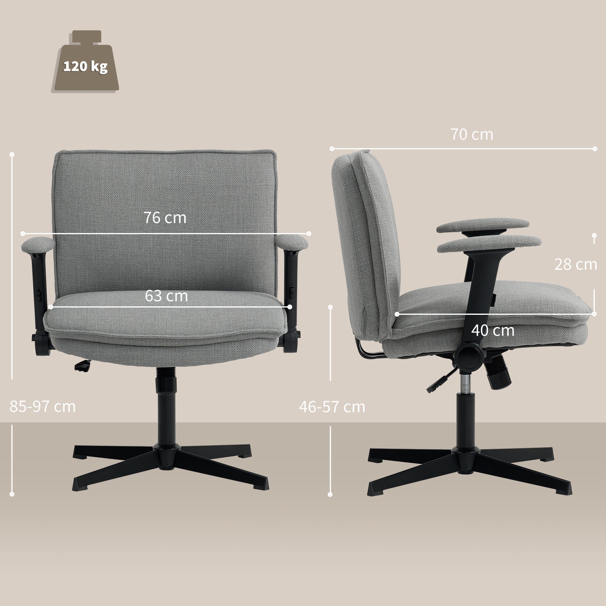 HOMCOM Bürostuhl Schreibtischstuhl, Schneidersitzstuhl, Leinenoptik, Home-Office (Drehstuhl, 1 St), für Schlafzimmer, Arbeitszimmer, Grau – Bild 3 von 5