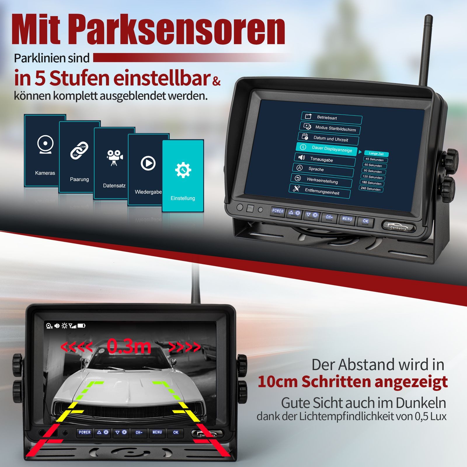 CARMATRIX Premium Solar 5 Rückfahrkamera (Solar Funk Video Rückfahrsystem Auto Wohnmobil Transporter Anhänger, Nummernschild, Kennzeichenhalter, Aufnahmefunktion, 7" HD-IPS Monitor)