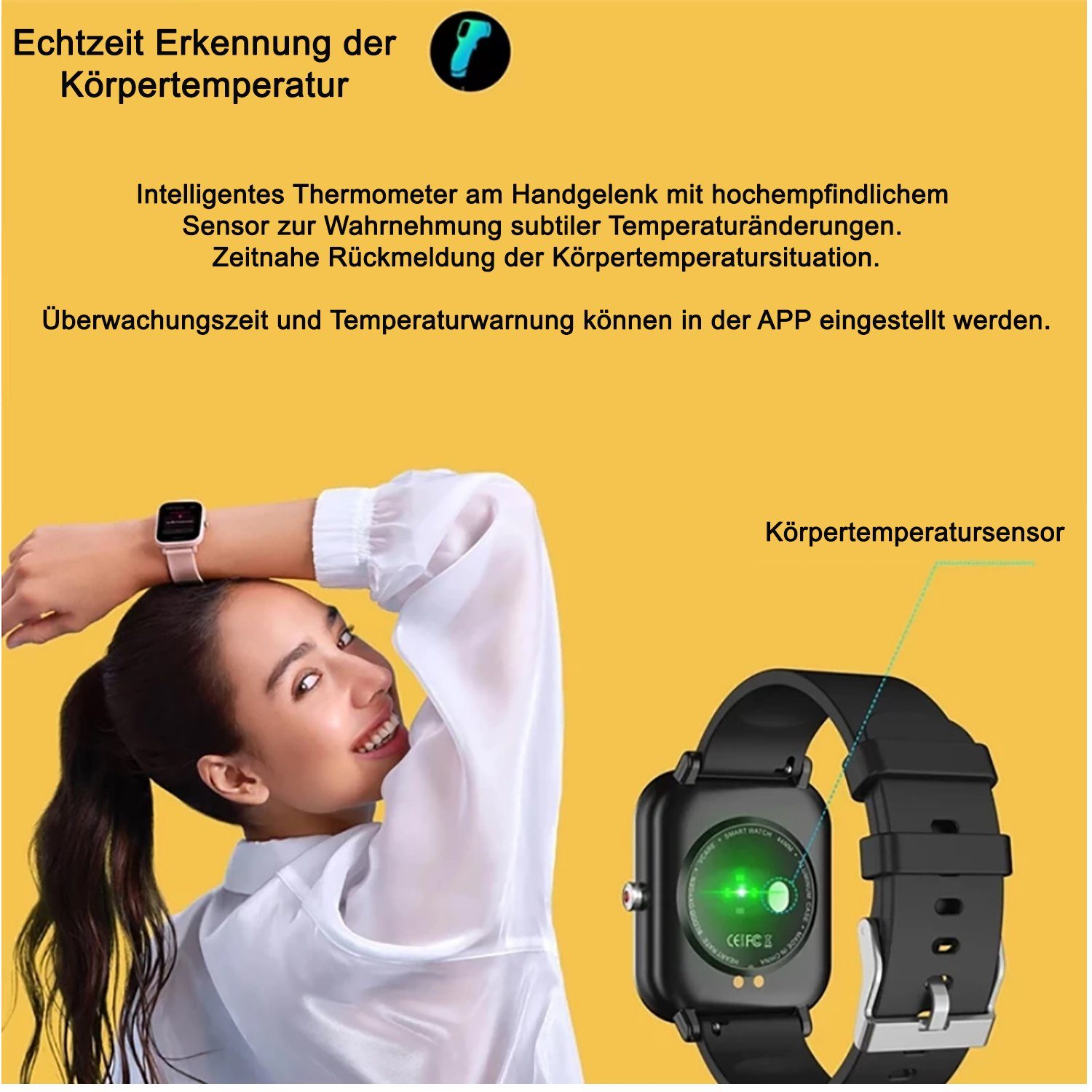 TPFNet SW15 mit Silikon Armband - individuelles Display Smartwatch (Android), EKG Armbanduhr mit Körpertemperatur Erkennung, Musiksteuerung, Schrittzähler, Kalorien, Social Media etc., Rosa
