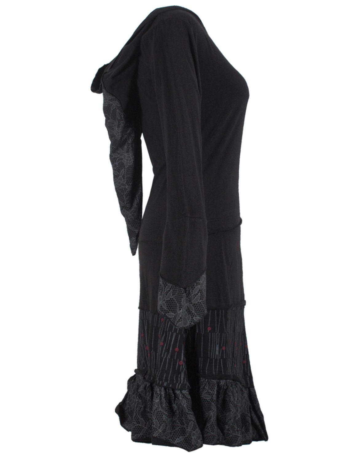 Vishes Jerseykleid Lagenlook Patchworkkleid mit Zipfelkapuze, Rüschen Hippie, Boho, Goa Elfen Style – Bild 3 von 4