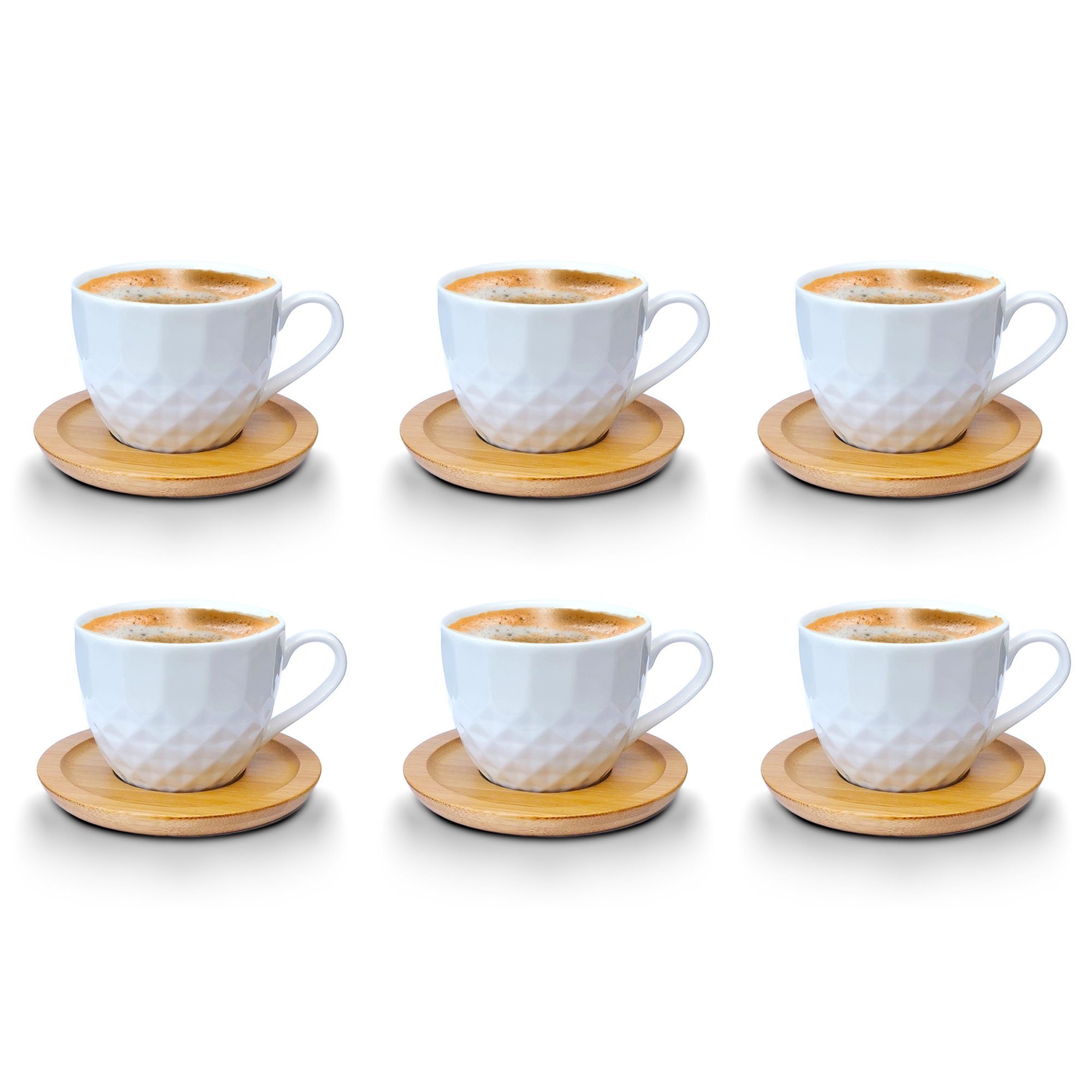 Fiora Kaffeeservice Kaffeetassen Espressotassen Cappuccinotassen mit untersetzer Porzellan 6 Tassen + 6 Untersetzer Holz Optik Weisse Kaffeetassen Set (12-tlg), 6 Personen, Porzellan, Kaffeeservice 12 Teilig für 6 Personen