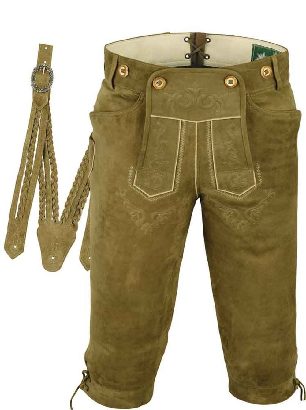 Fuente Leather Wears Trachtenlederhose Herren Kniebundlederhose, Trachten Lederhose mit Träger, Wildbock