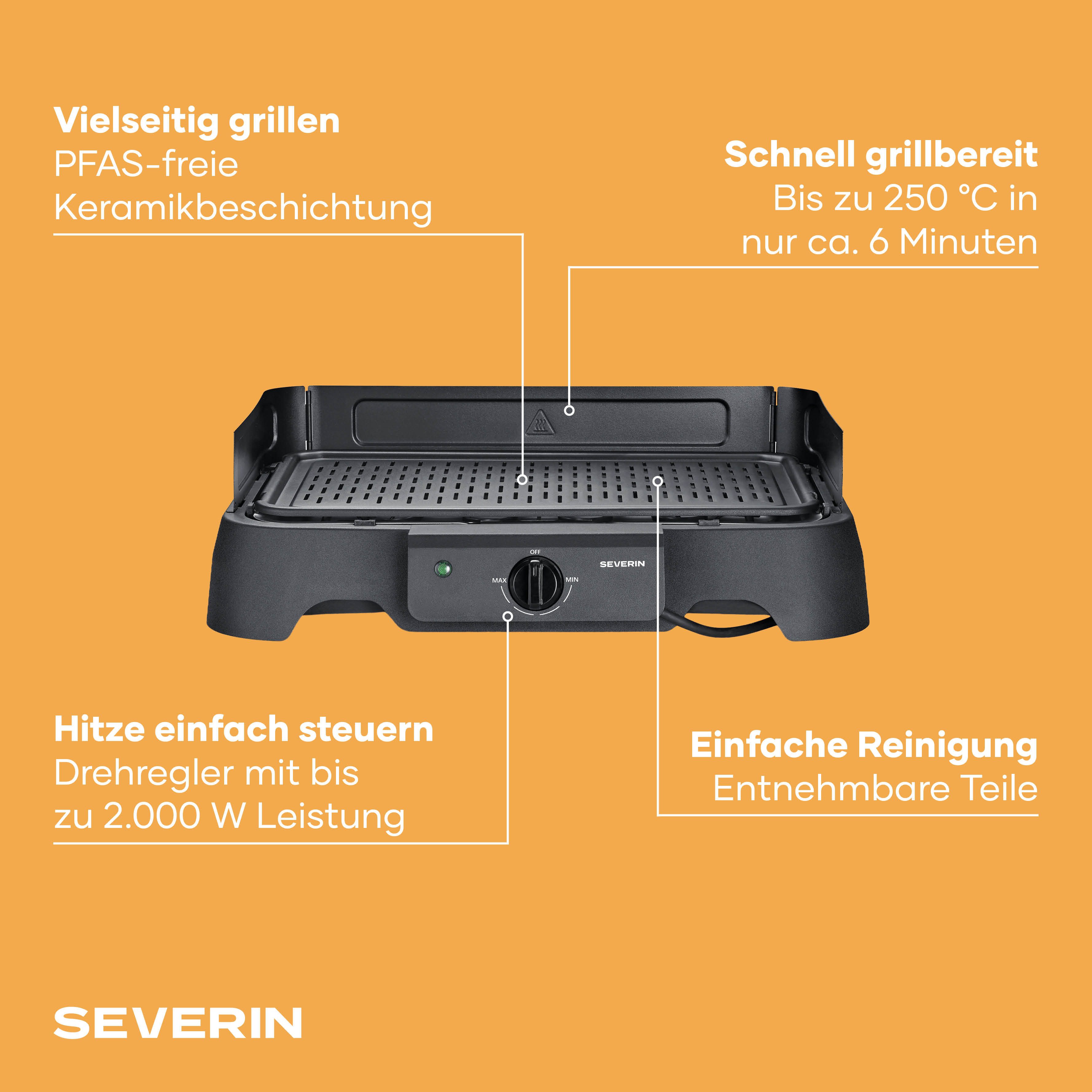 Severin Elektrogrill PG 8595, 2000 W, In- & Outdoor, Balkon & Küche, Temperatur 40-220°C, 39x23cm, schwarz